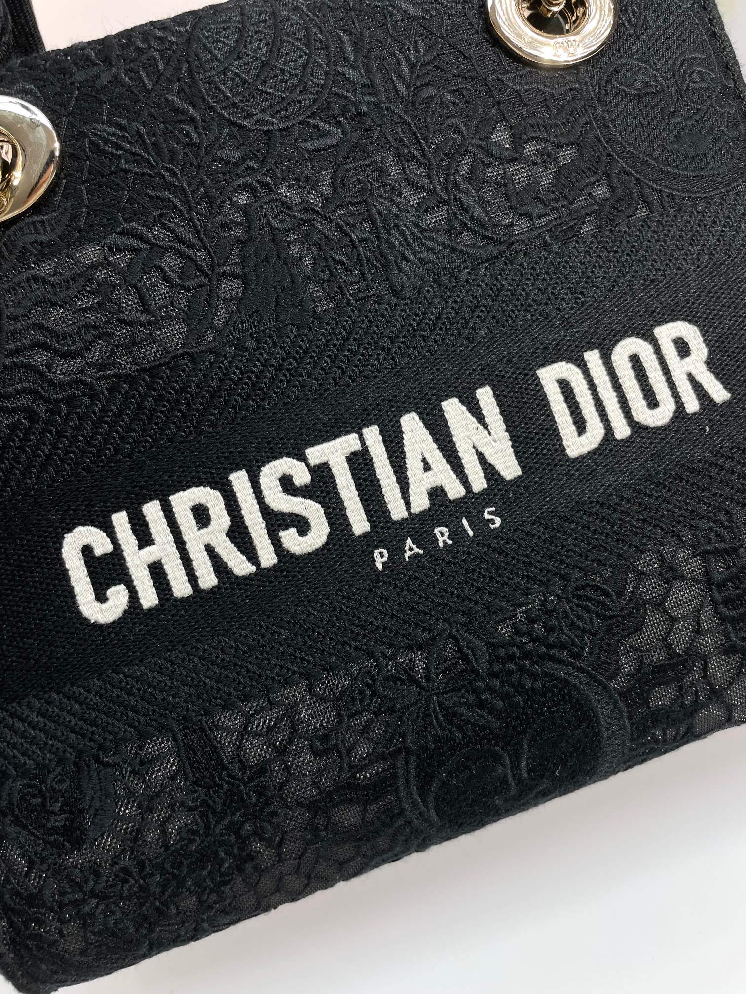 Dior Luxury Embroidered Navy Blue Canvas Top Handle Bag with Strap