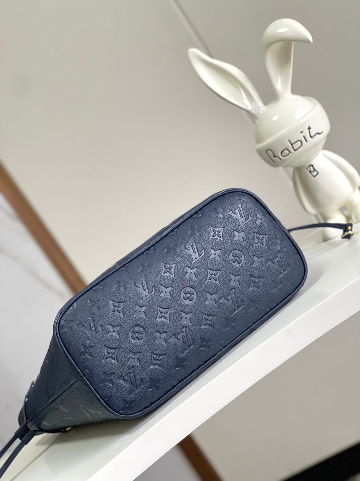 Louis Vuitton Classic Navy Blue Embossed Leather Tote Bag with Matching Pouch