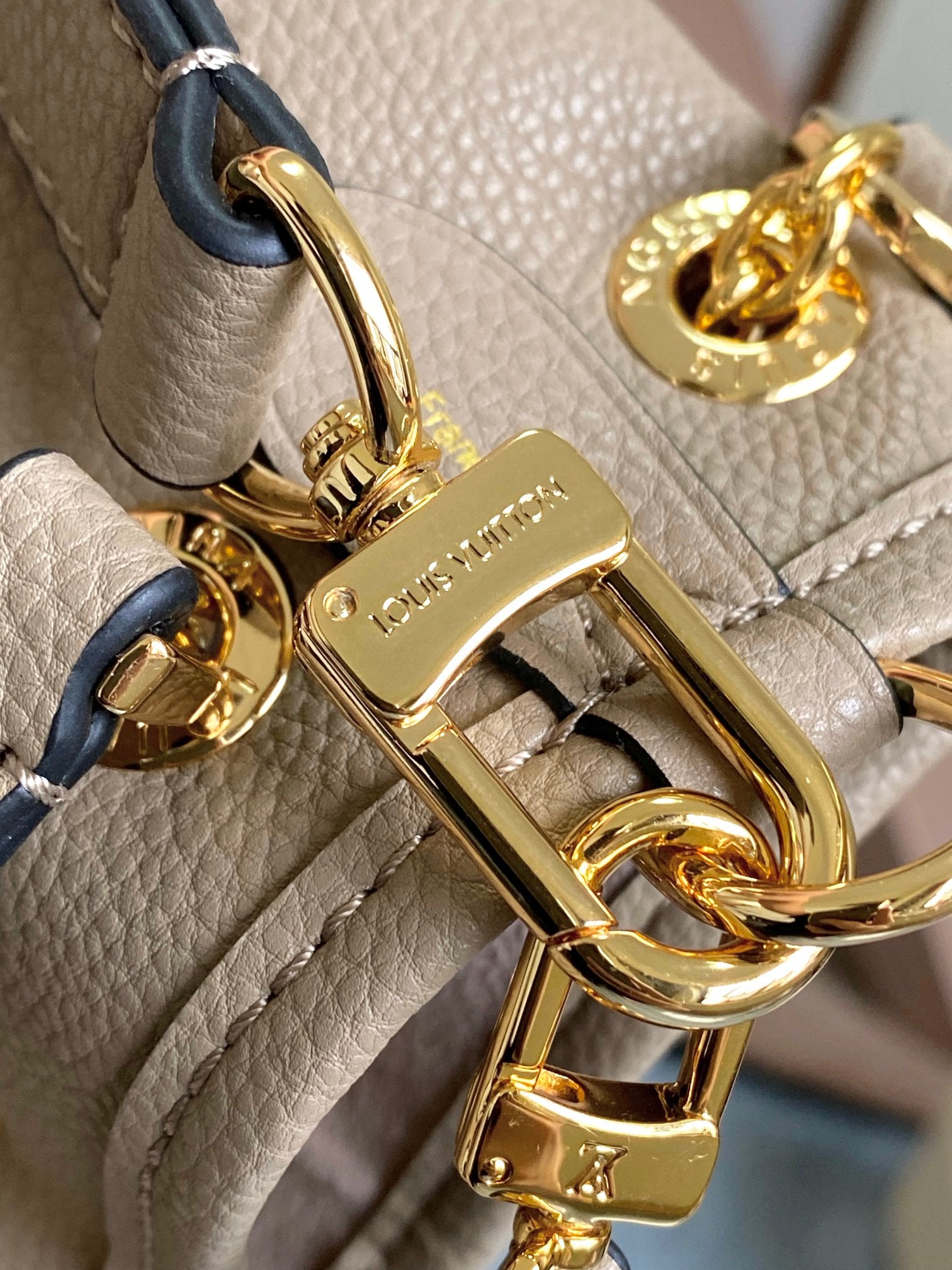 Louis Vuitton Elegant Monogram Leather Bucket Shoulder Bag in Taupe and Cream