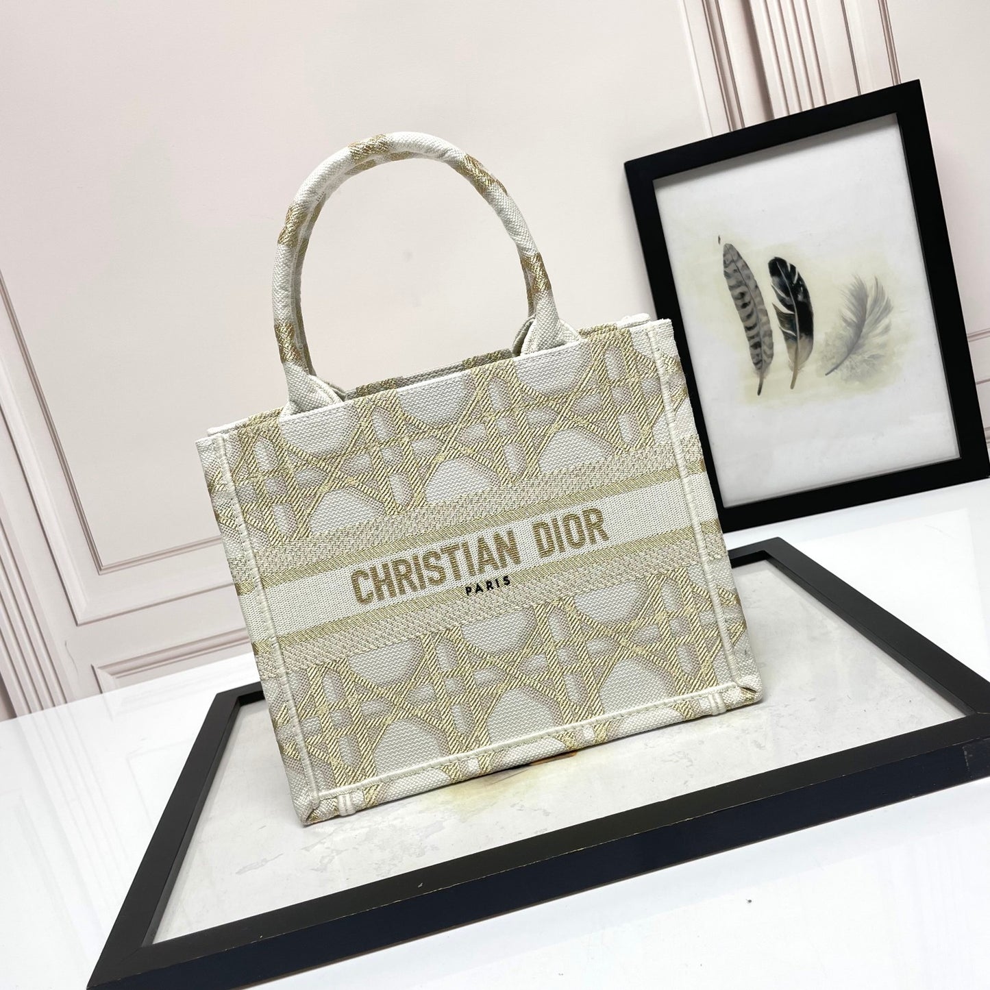 Dior Elegant Cream and Gold Embroidered Canvas Structured Tote Bag