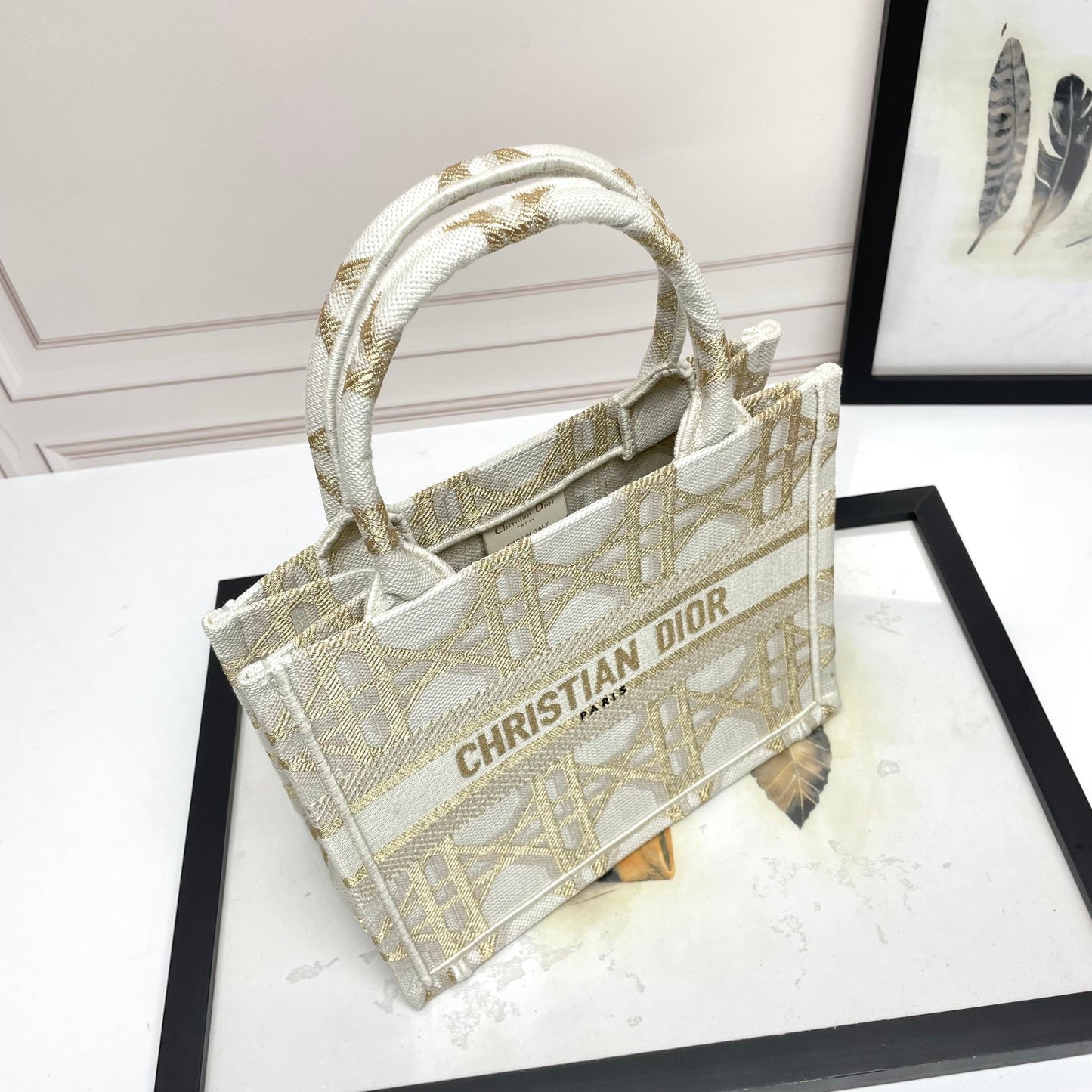 Dior Luxury Beige Embroidered Canvas Tote Bag with Top Handle