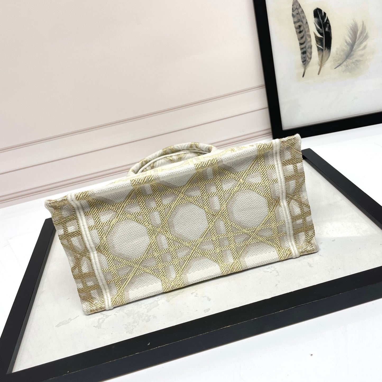 Dior Elegant Cream and Gold Embroidered Canvas Structured Tote Bag