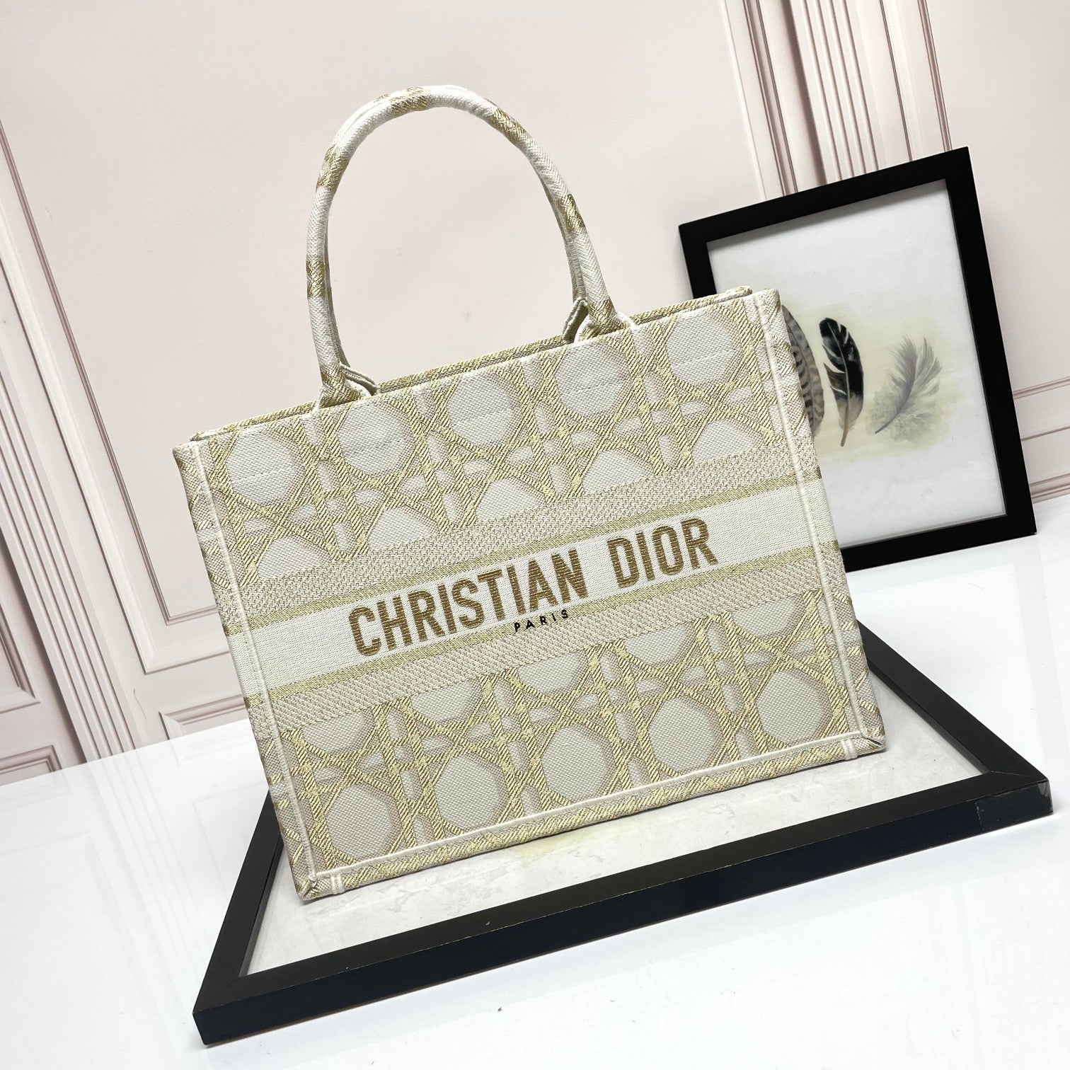 Dior Elegant Beige Embroidered Canvas Tote Bag Luxury Top Handle Handbag