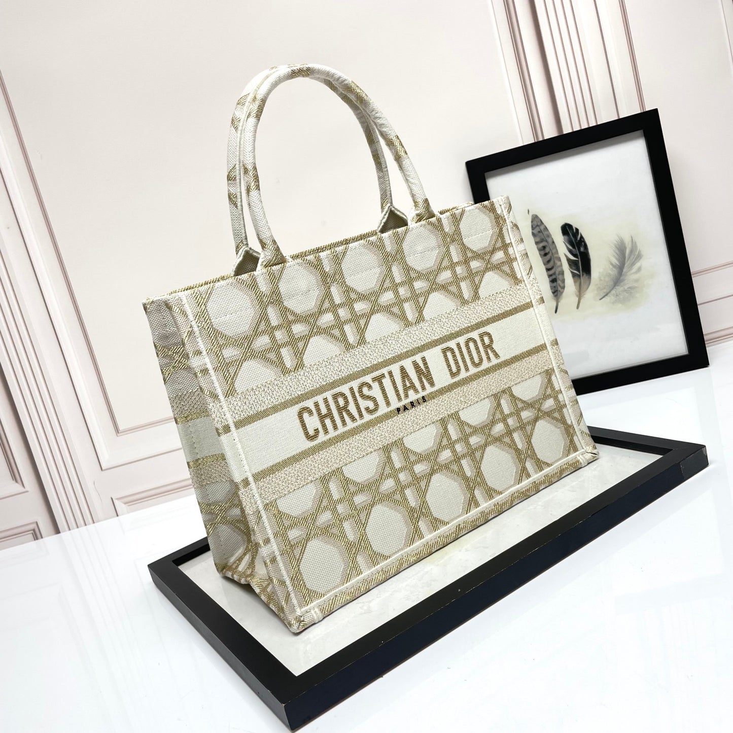 Dior Elegant Beige Embroidered Canvas Tote Bag Luxury Top Handle Handbag