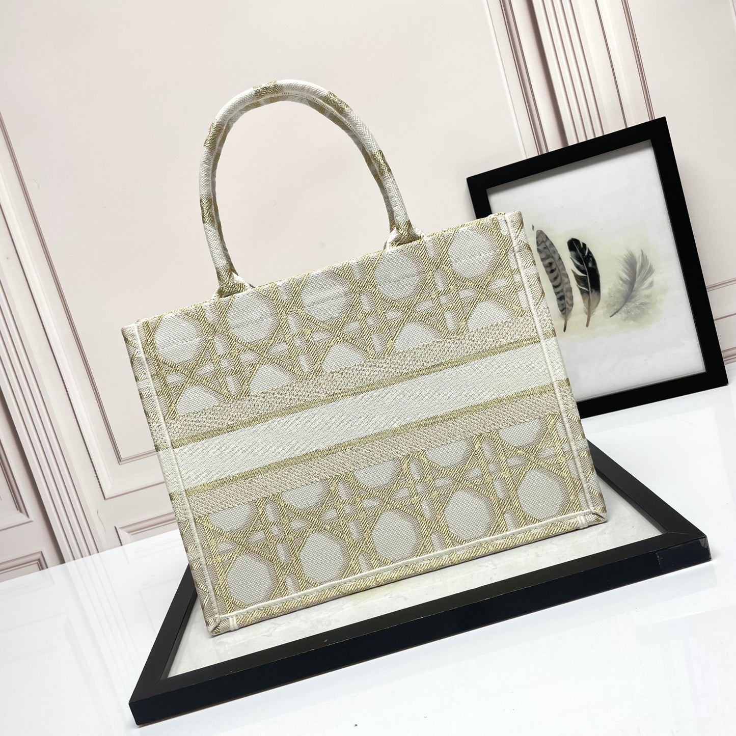 Dior Elegant Beige and Gold Embroidered Pattern Canvas Tote Bag