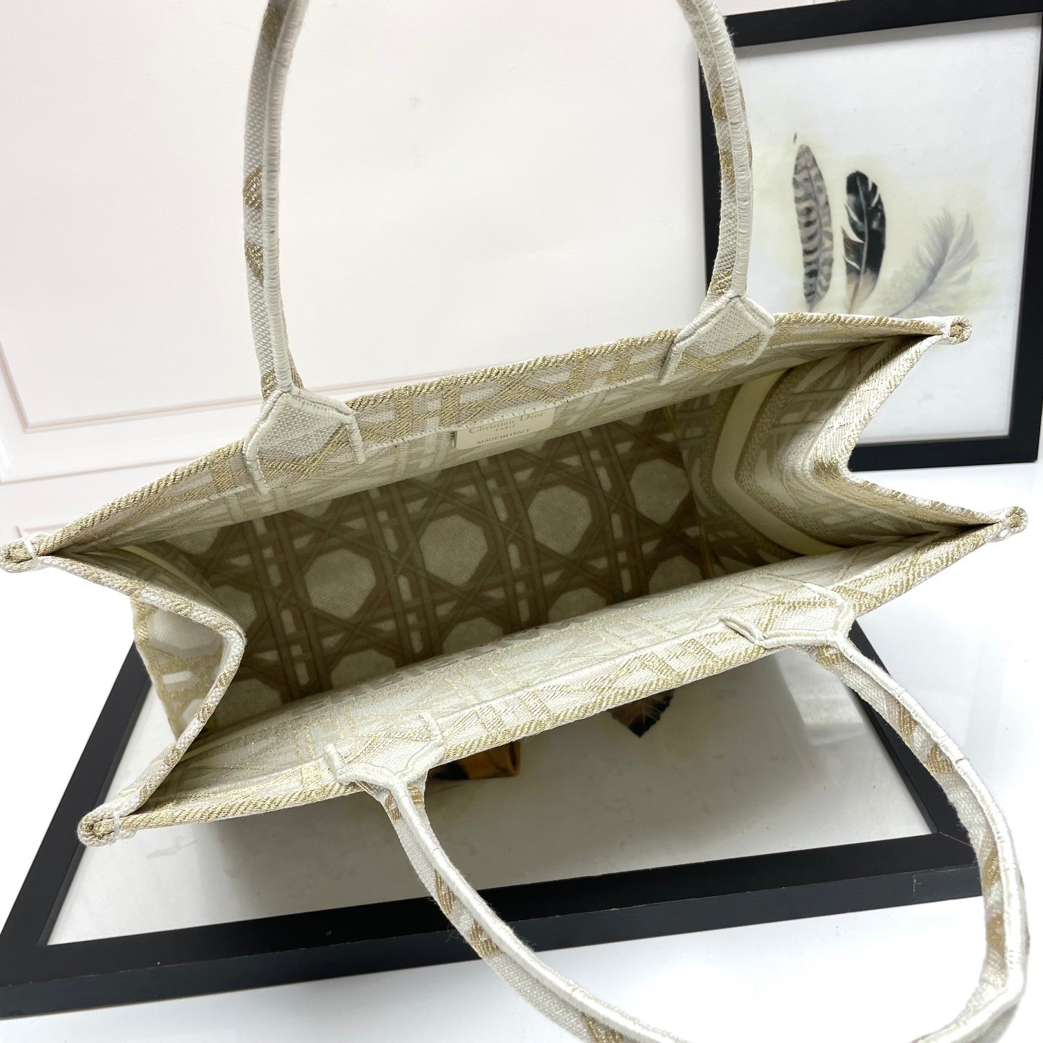 Dior Elegant Beige and Gold Embroidered Pattern Canvas Tote Bag