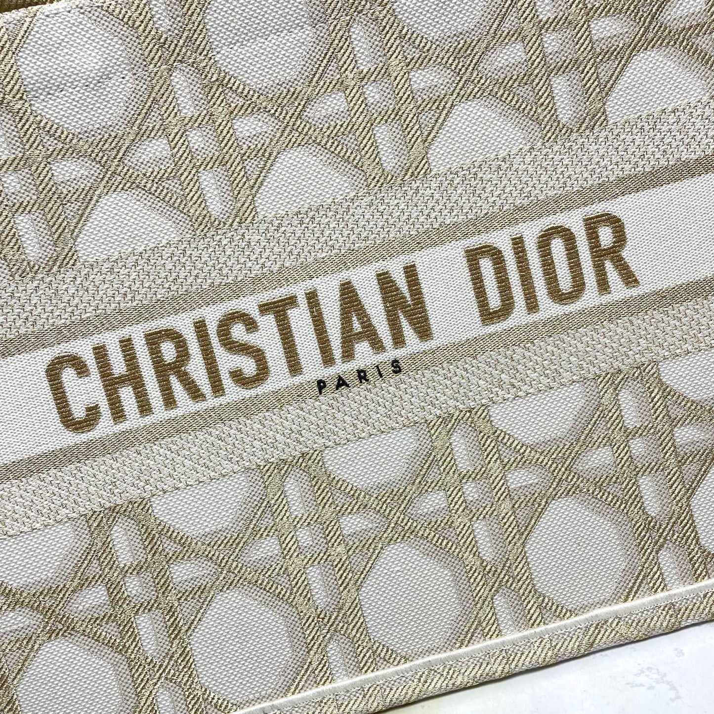 Dior Elegant Beige and Gold Embroidered Pattern Canvas Tote Bag