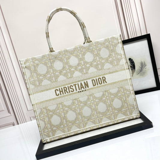 Dior Structured Beige Canvas Tote Bag with Embroidered Geometric Pattern