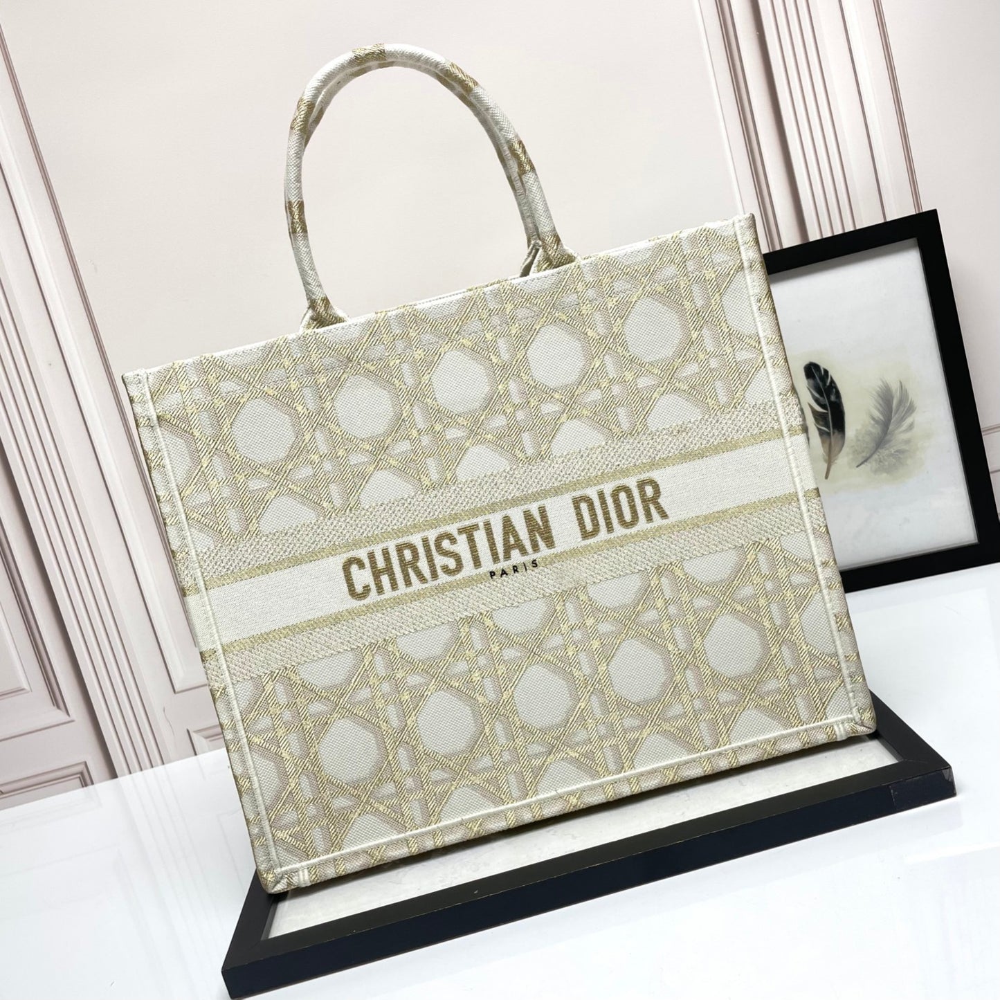 Dior Beige Embroidered Canvas Tote Bag with Geometric Pattern
