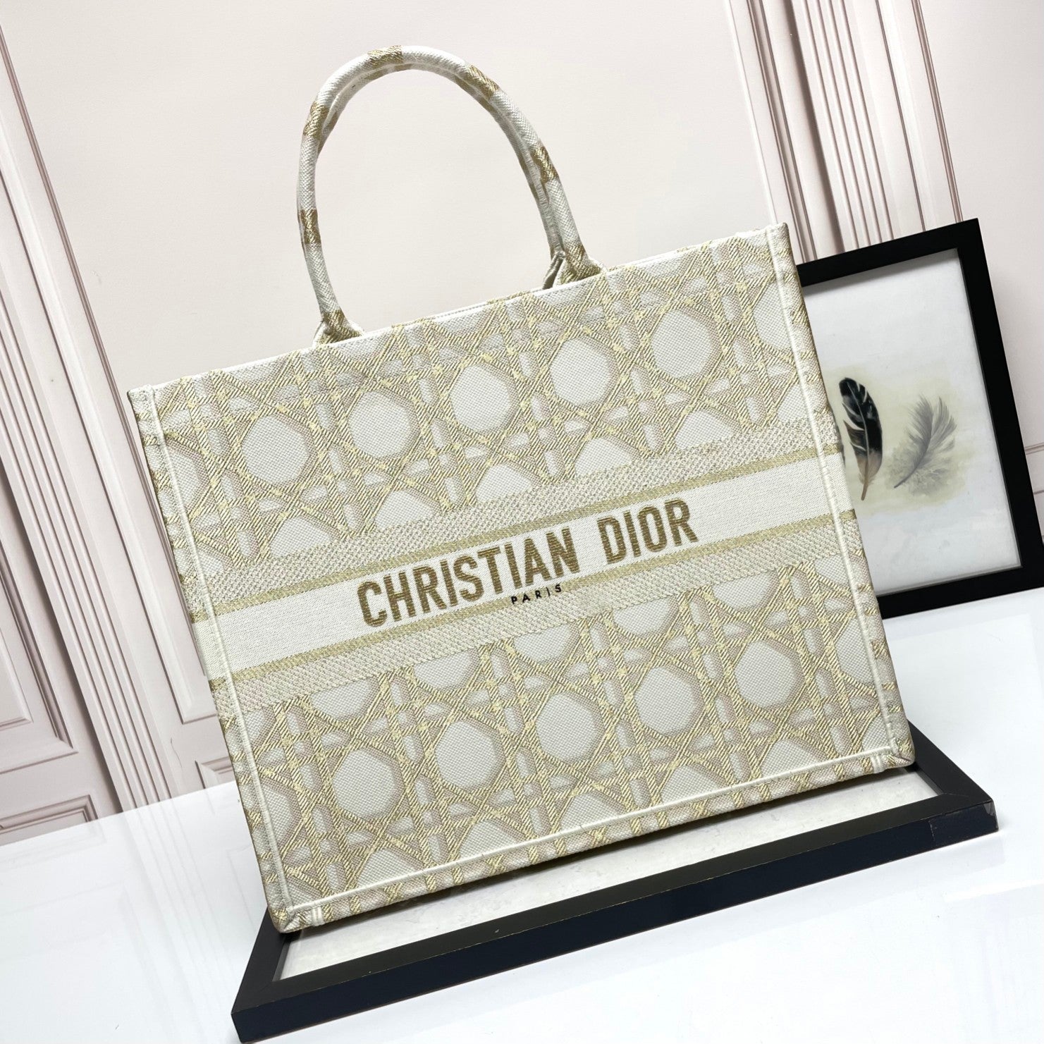 Dior Beige Embroidered Canvas Tote Bag with Geometric Pattern
