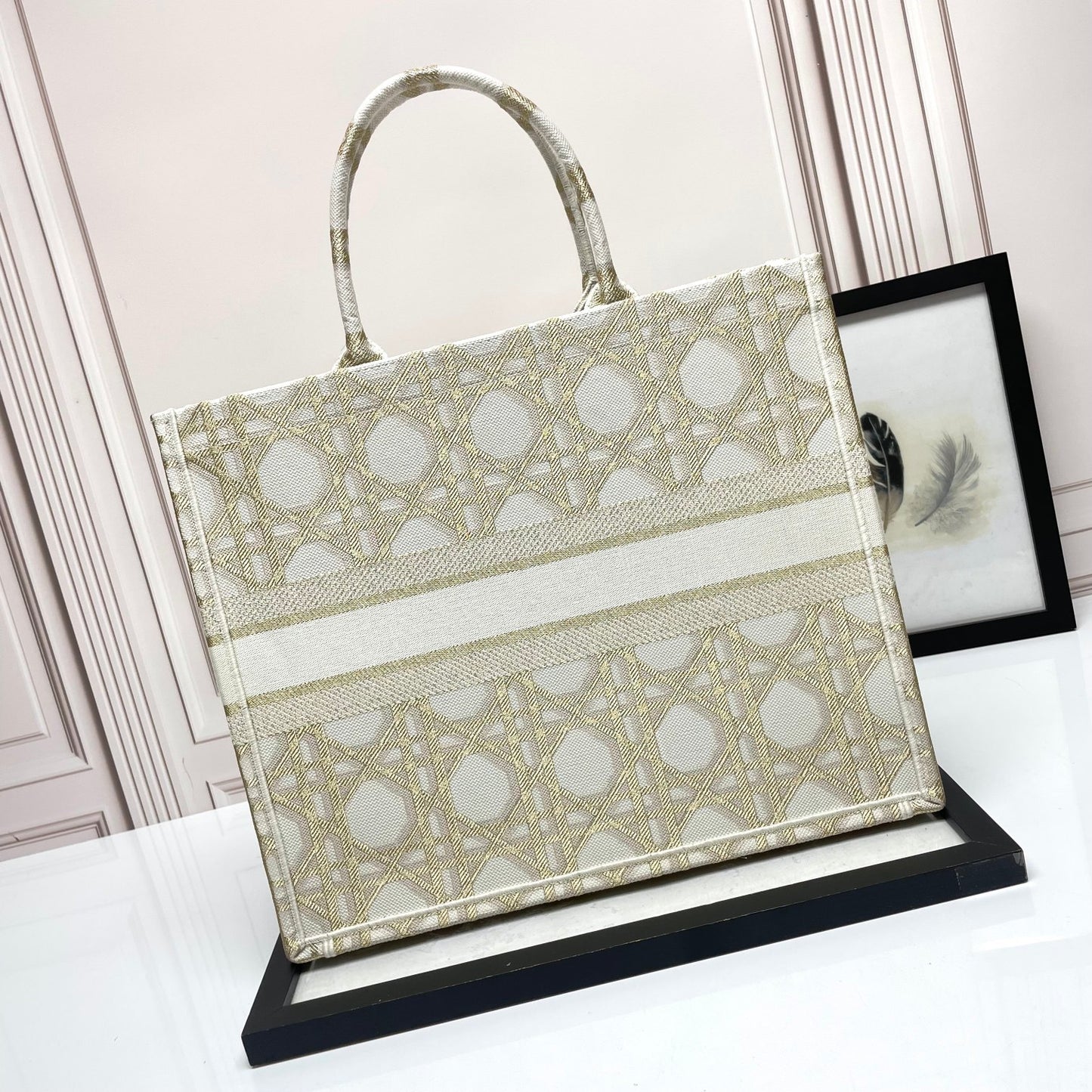 Dior Beige Embroidered Canvas Tote Bag with Geometric Pattern