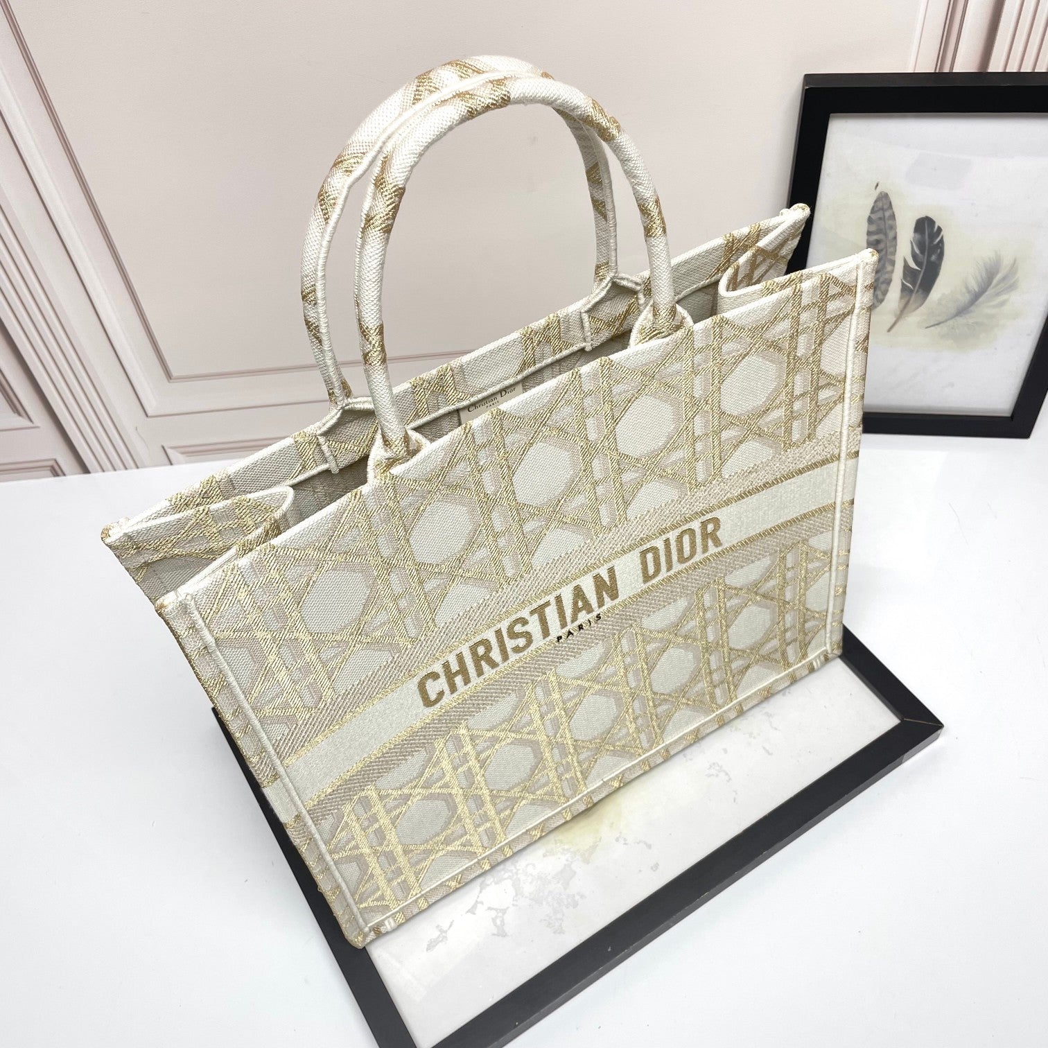 Christian Dior Medium Book Tote - Beige Embroidered Cannage Canvas