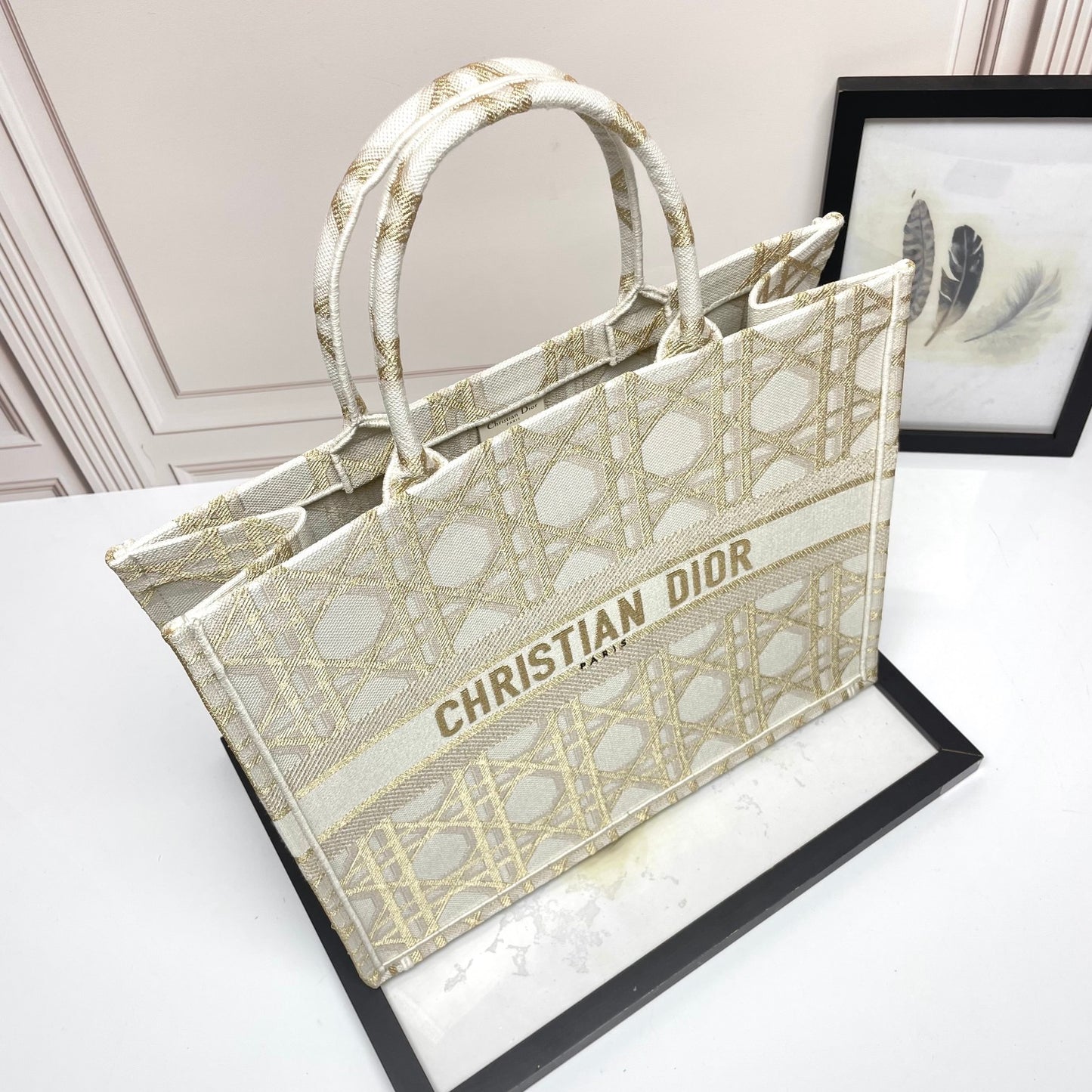 Dior Structured Beige Canvas Tote Bag with Embroidered Geometric Pattern