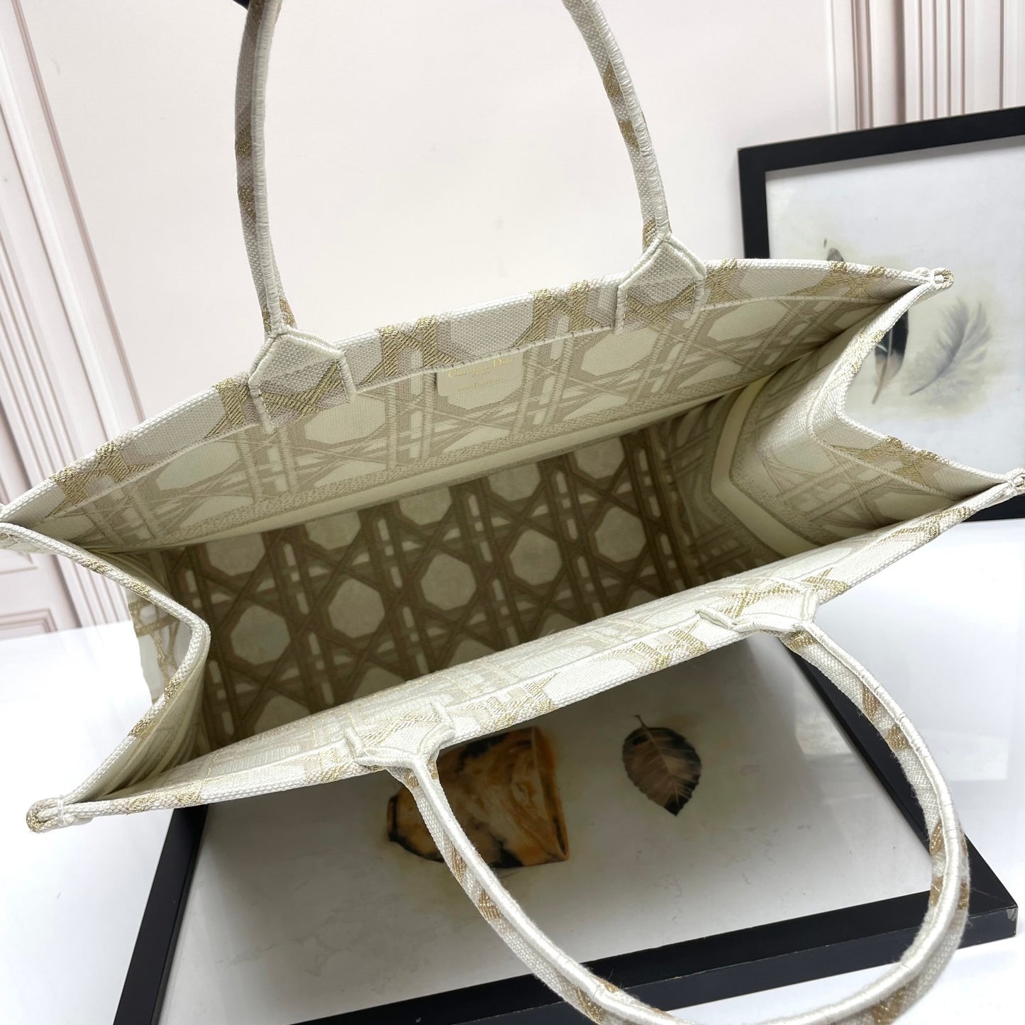 Dior Beige Embroidered Canvas Tote Bag with Geometric Pattern