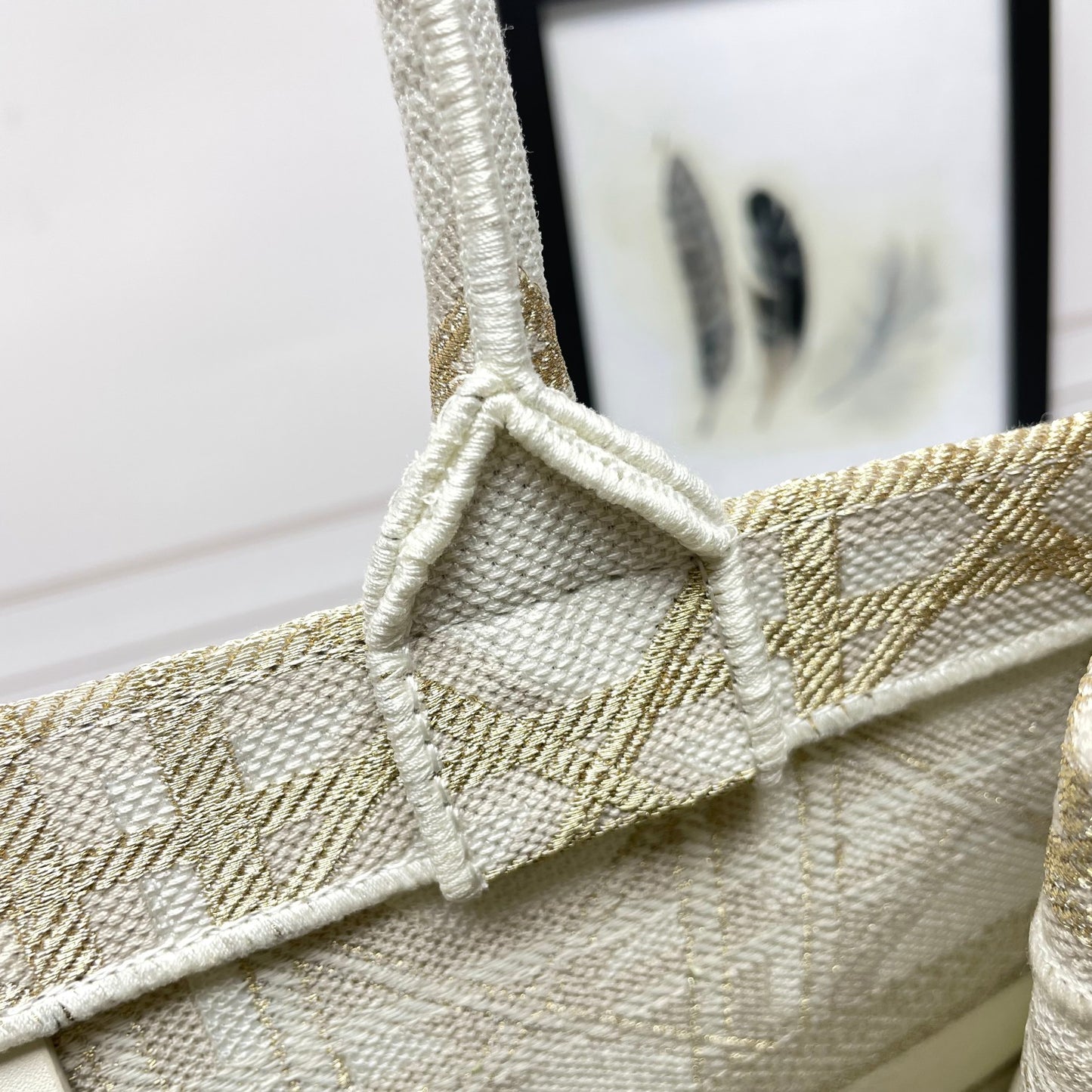 Dior Structured Beige Canvas Tote Bag with Embroidered Geometric Pattern