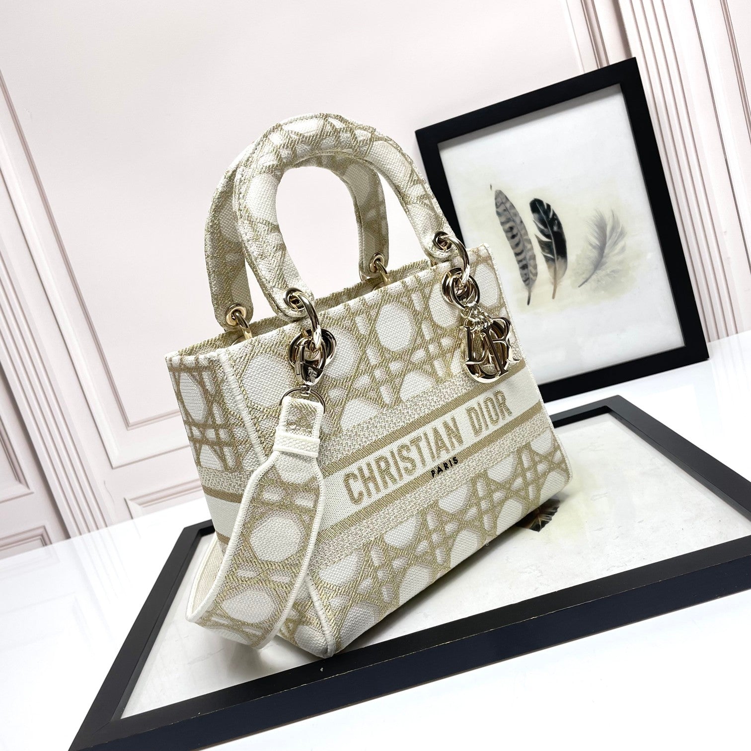 Dior Elegant Embroidered Geometric Canvas Top Handle Shoulder Bag