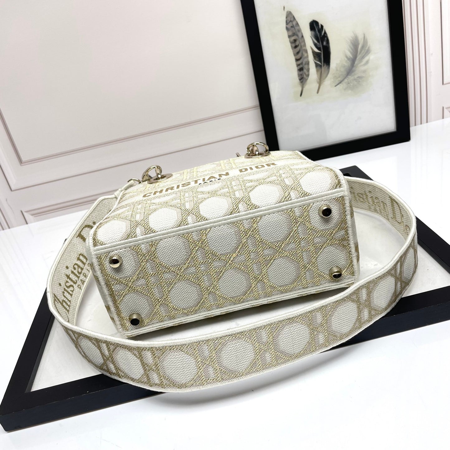 Dior Elegant Embroidered Geometric Canvas Top Handle Shoulder Bag