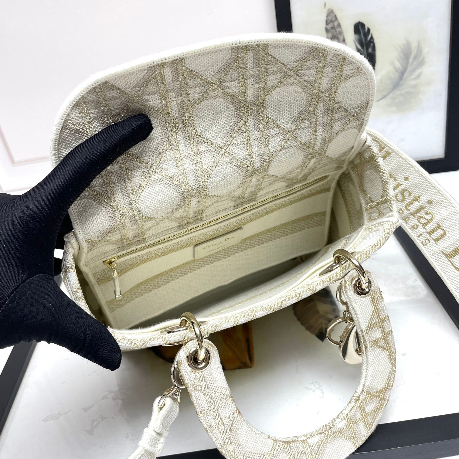Dior Elegant Beige Embroidered Canvas Satchel Top Handle Shoulder Bag