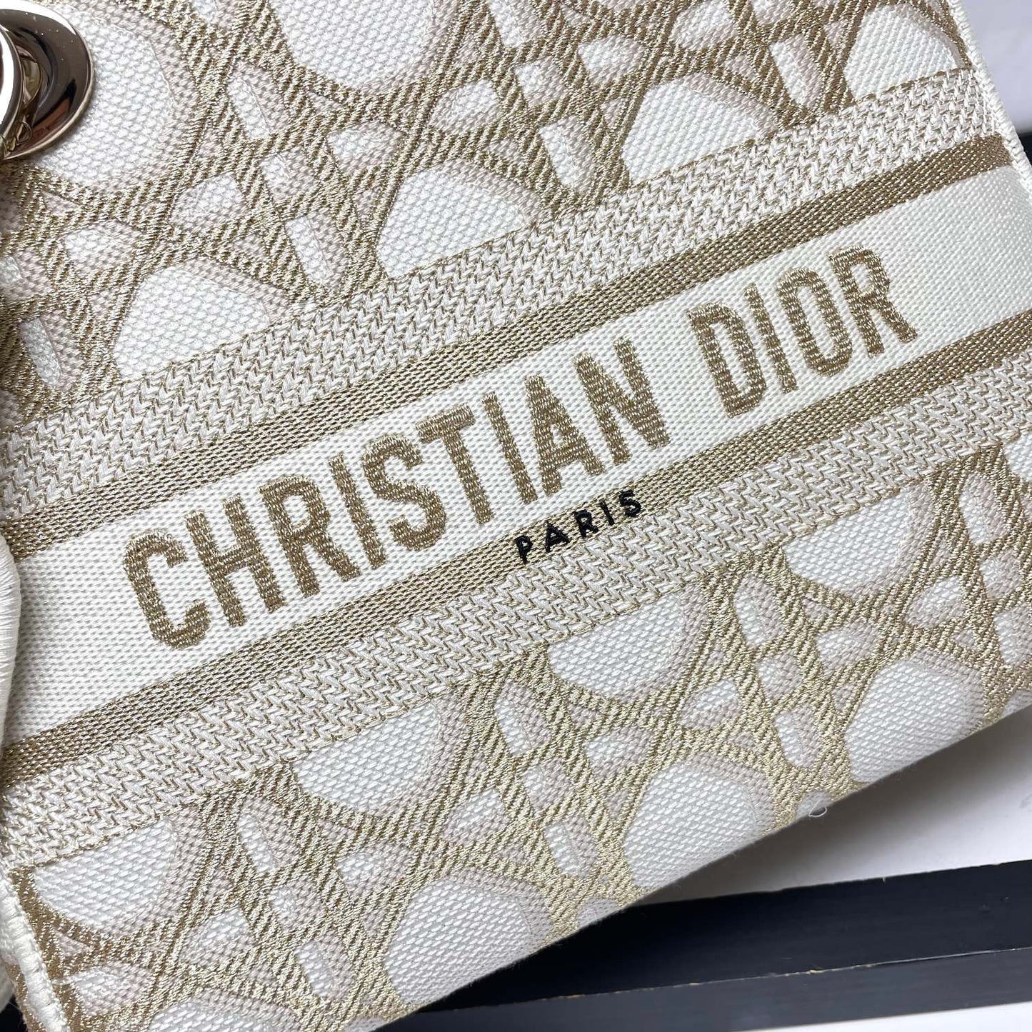 Dior Elegant Embroidered Geometric Canvas Top Handle Shoulder Bag