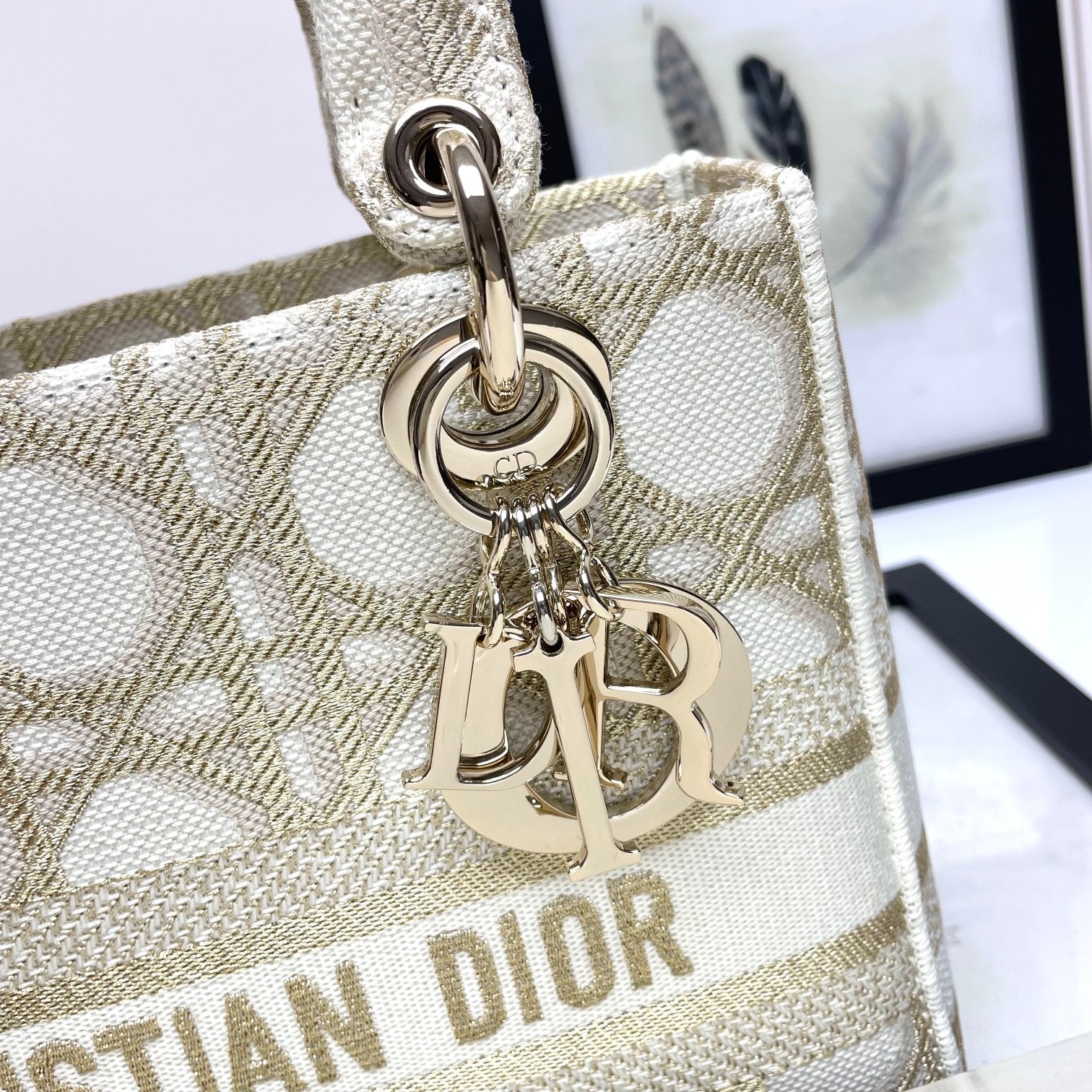 Dior Elegant Embroidered Geometric Canvas Top Handle Shoulder Bag
