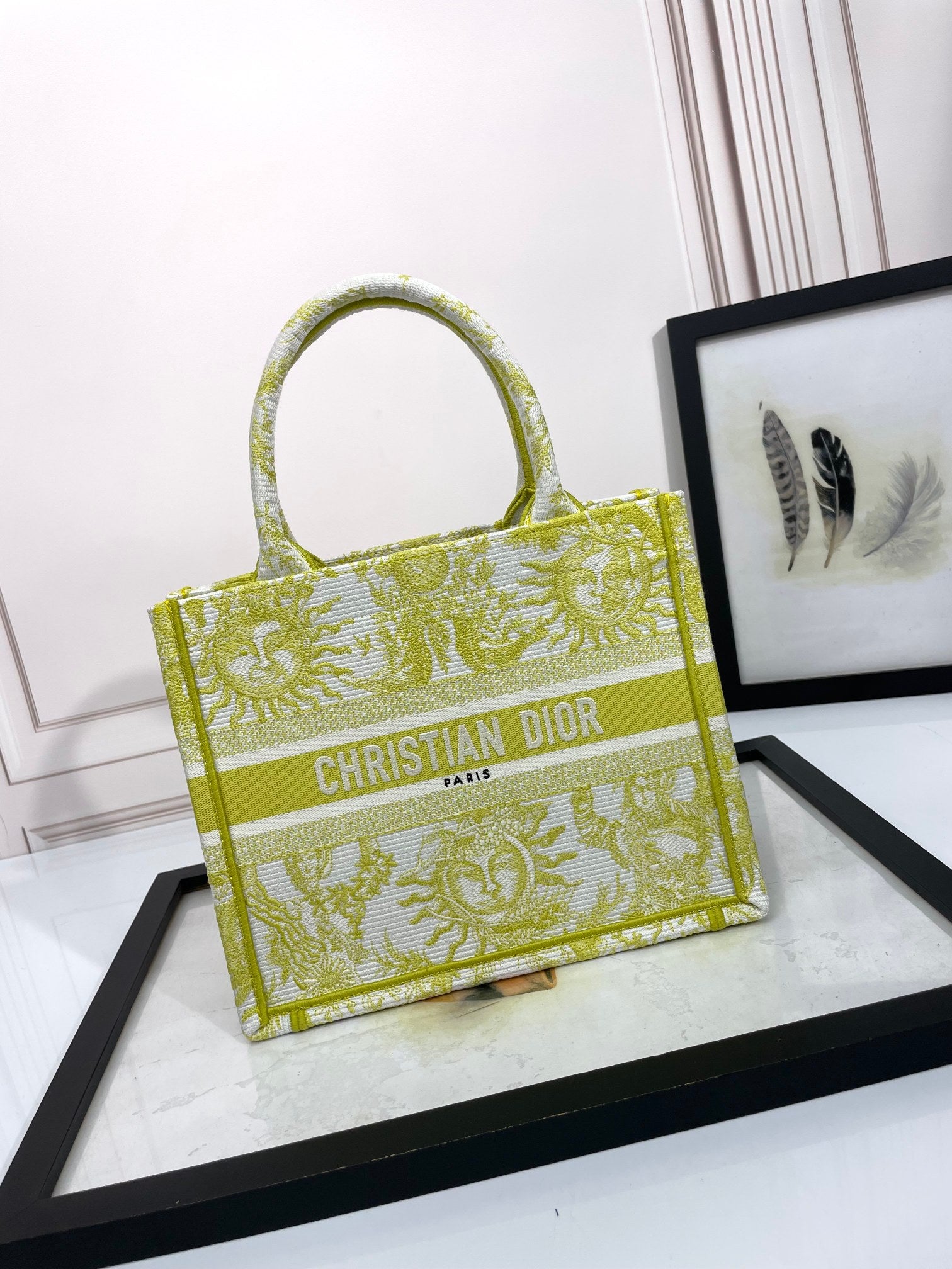 Christian Dior Medium Book Tote - Chartreuse Toile de Jouy Soleil Embroidery