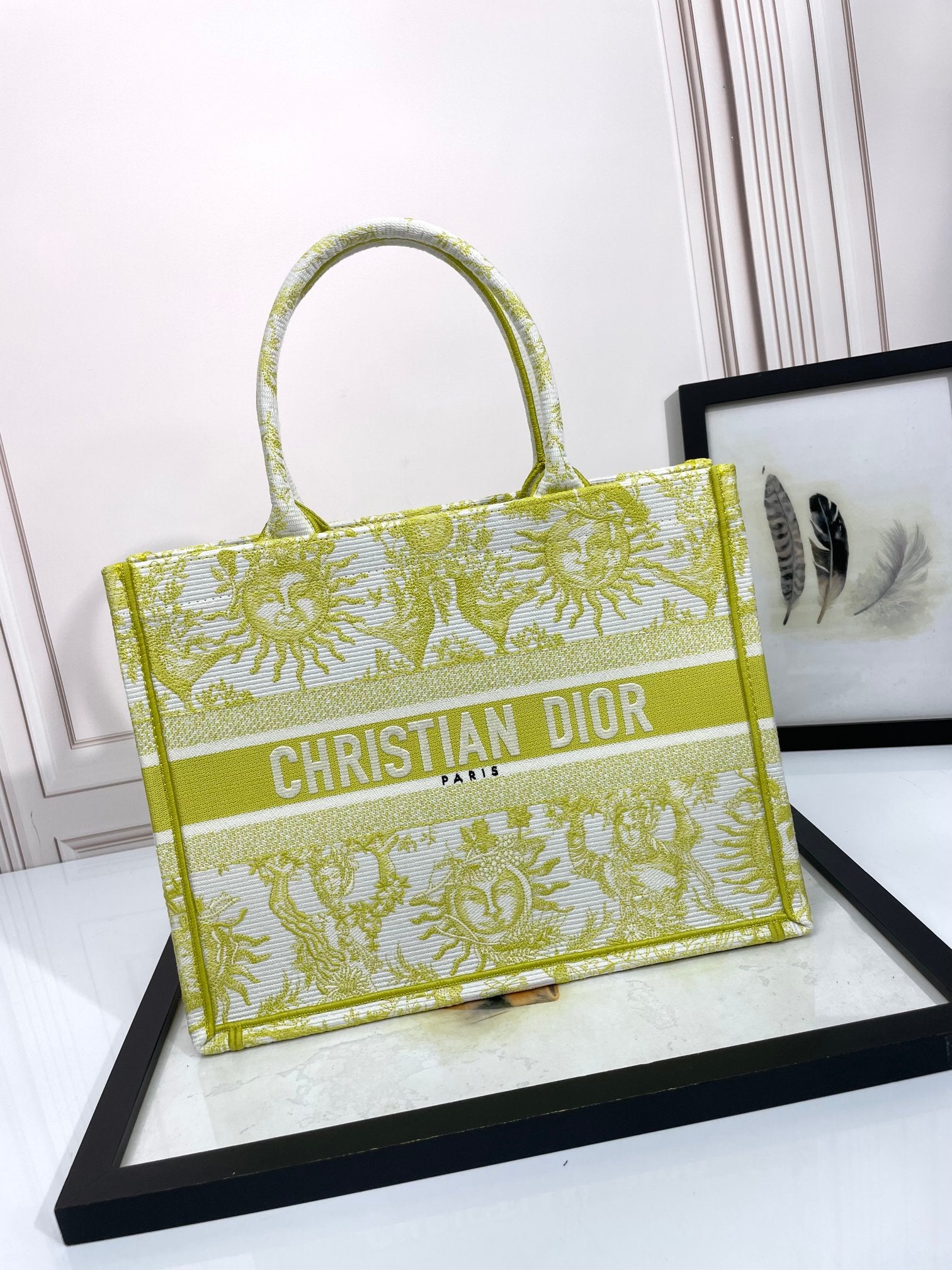 Christian Dior Medium Book Tote - Lime Green & White Zodiac Embroidery