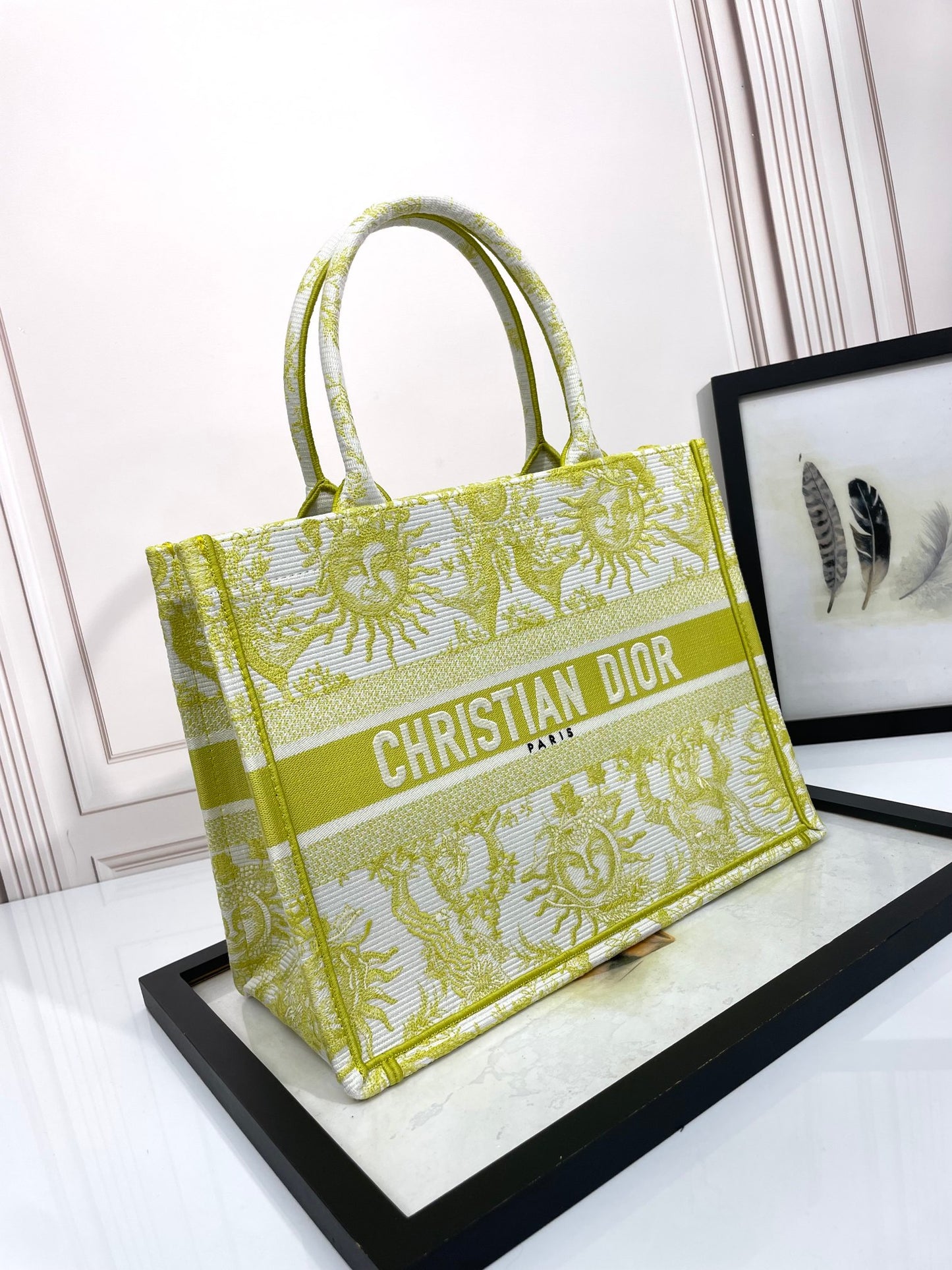 Dior Yellow Embroidered Sun Pattern Canvas Tote Bag with Top Handles