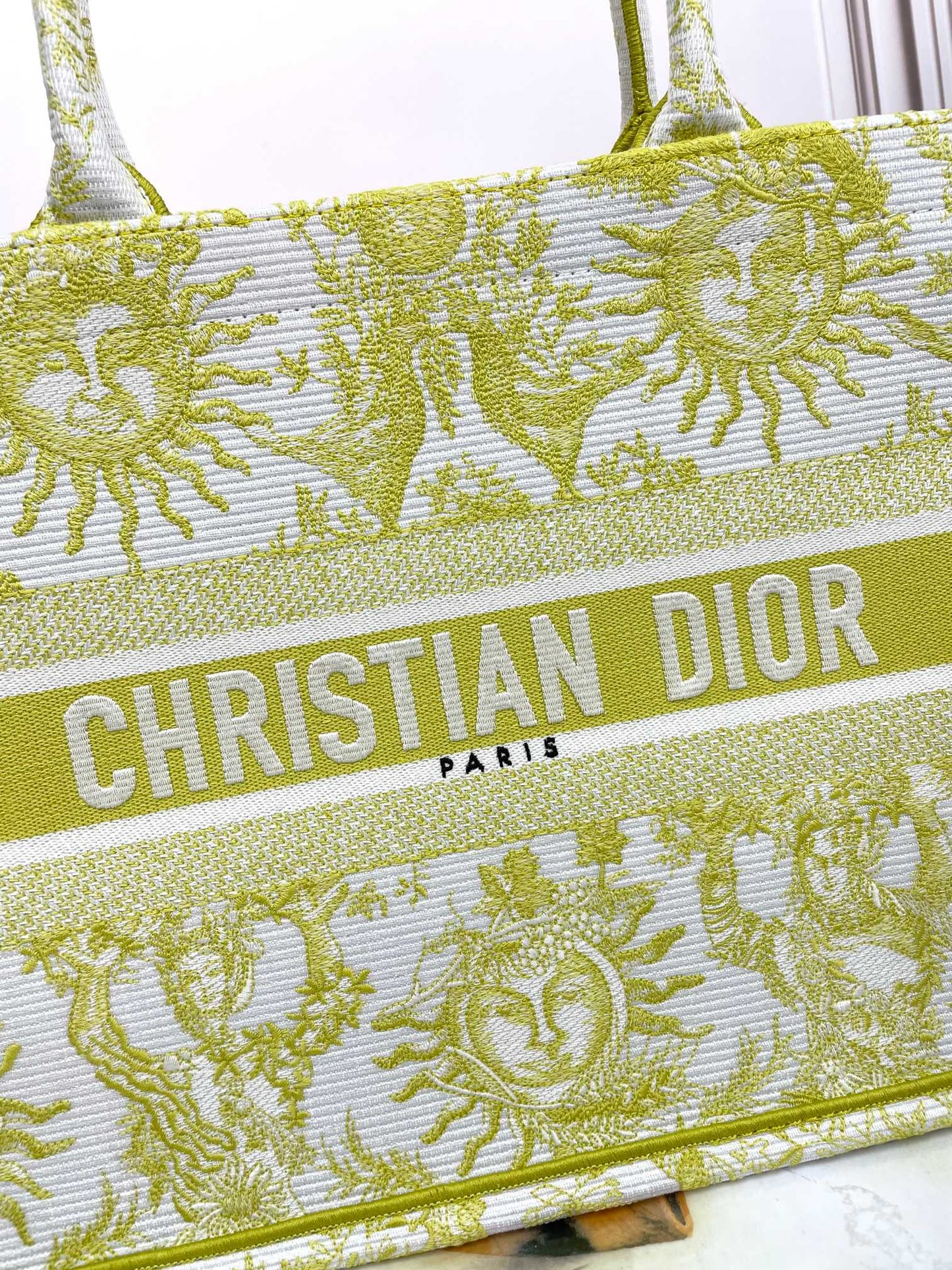 Christian Dior Medium Book Tote Lemon Yellow Toile de Jouy Soleil Embroidery