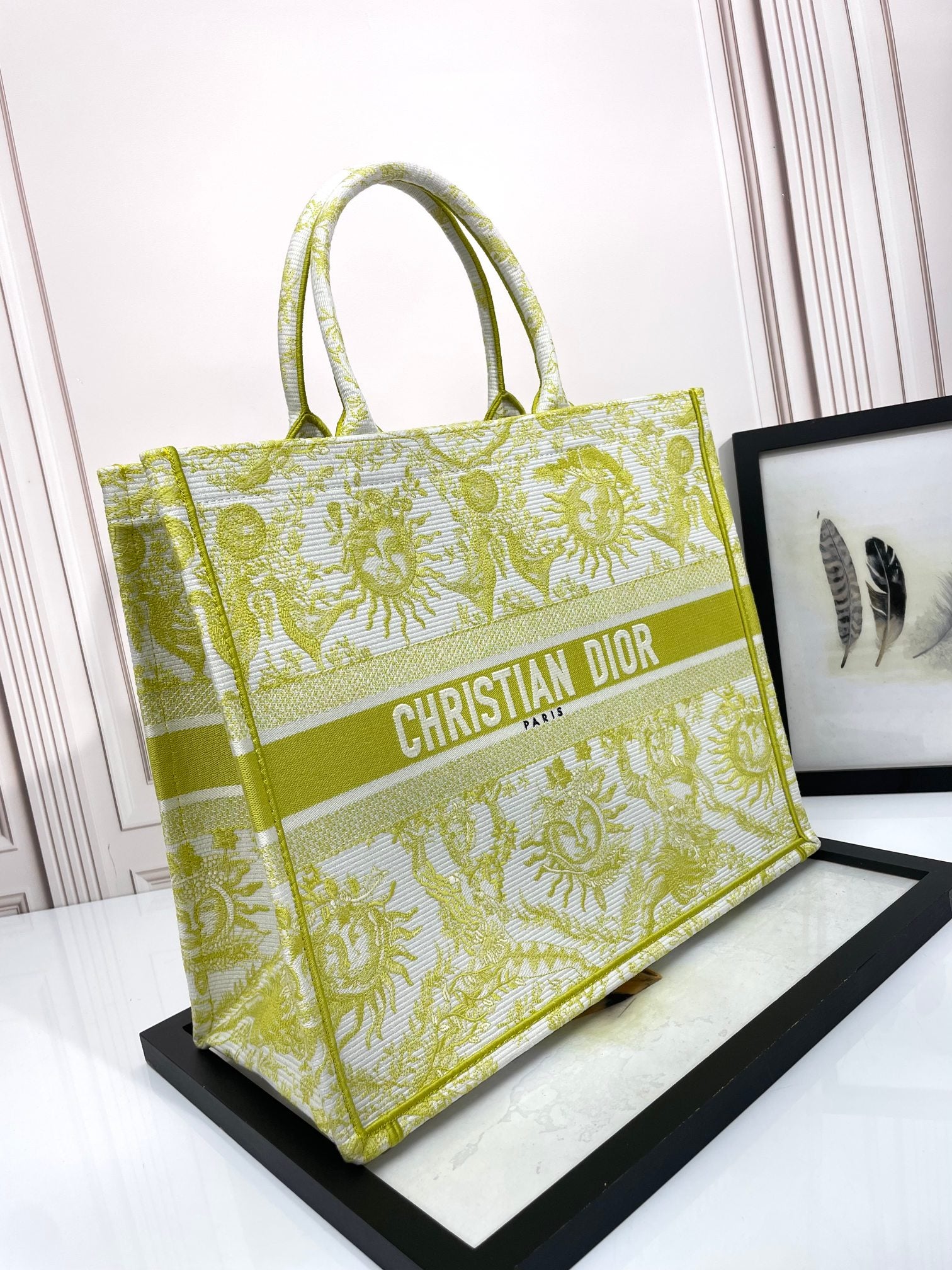Dior Yellow and White Embroidered Sun Astrology Print Canvas Tote Bag