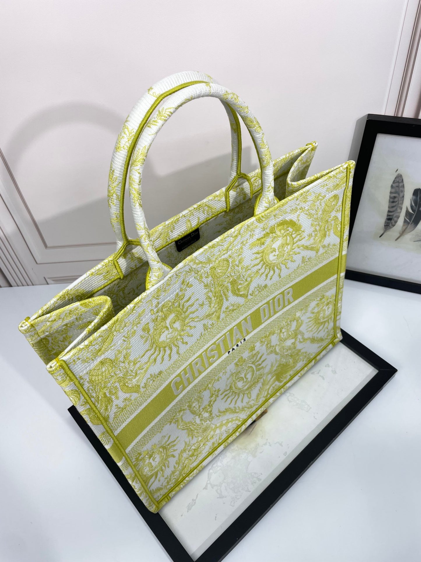 Christian Dior Large Book Tote Yellow Toile de Jouy Zodiac Embroidery Canvas Bag