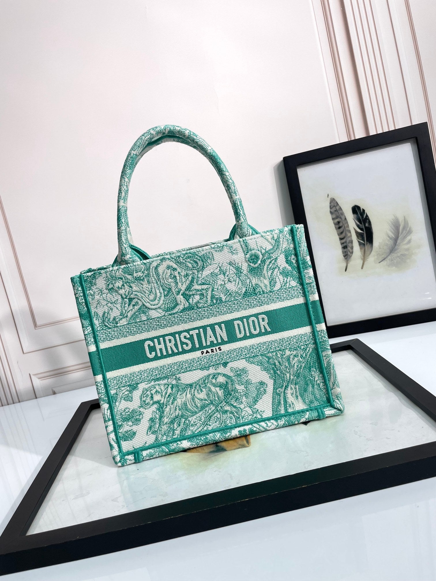 Dior Elegant Green Toile de Jouy Embroidered Canvas Tote Bag
