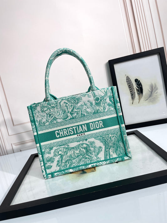 Dior Green and White Embroidered Canvas Tote Bag with Top Handles