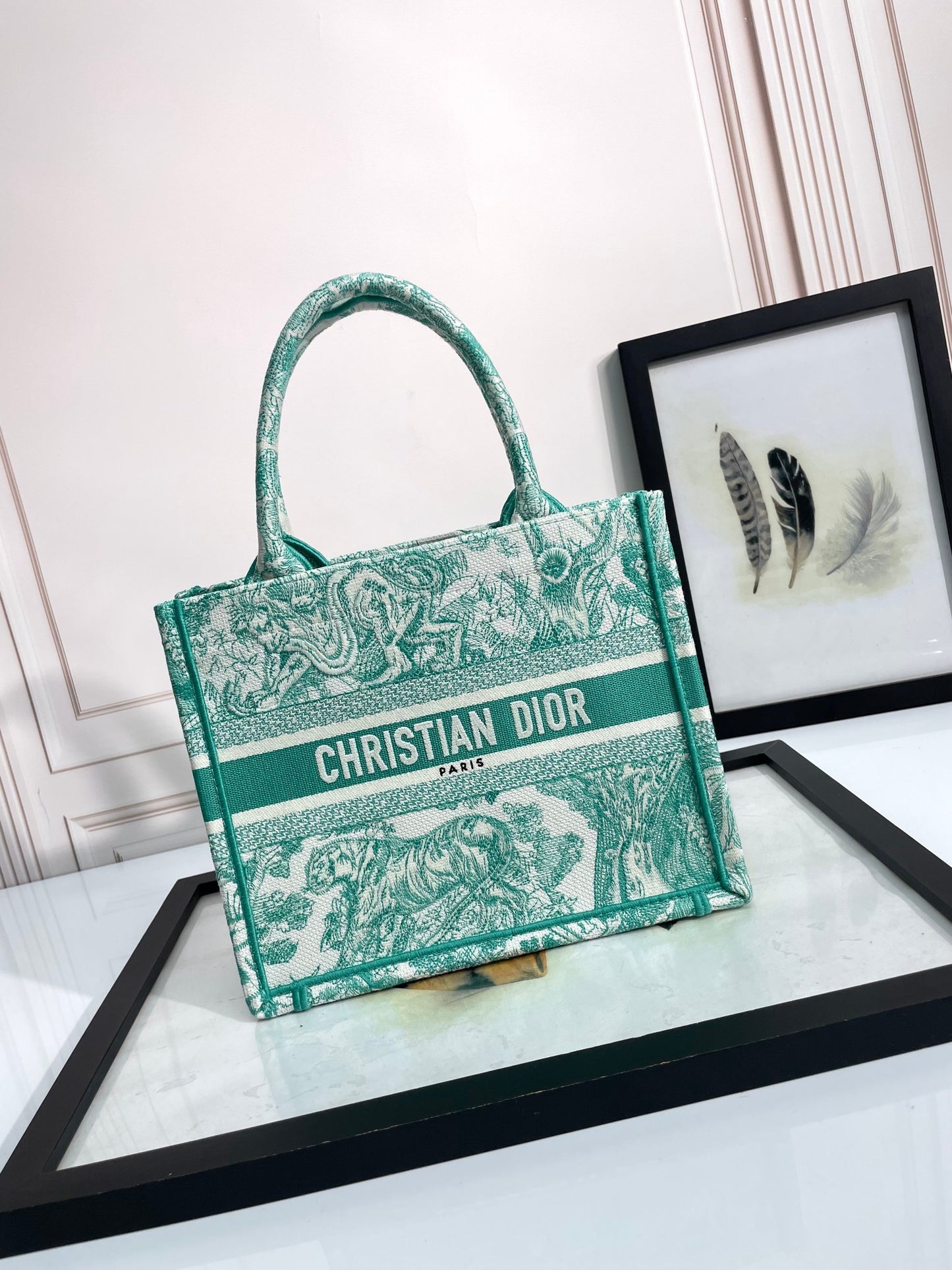 Dior Green Floral Embroidered Canvas Tote Bag with Square Top Handle