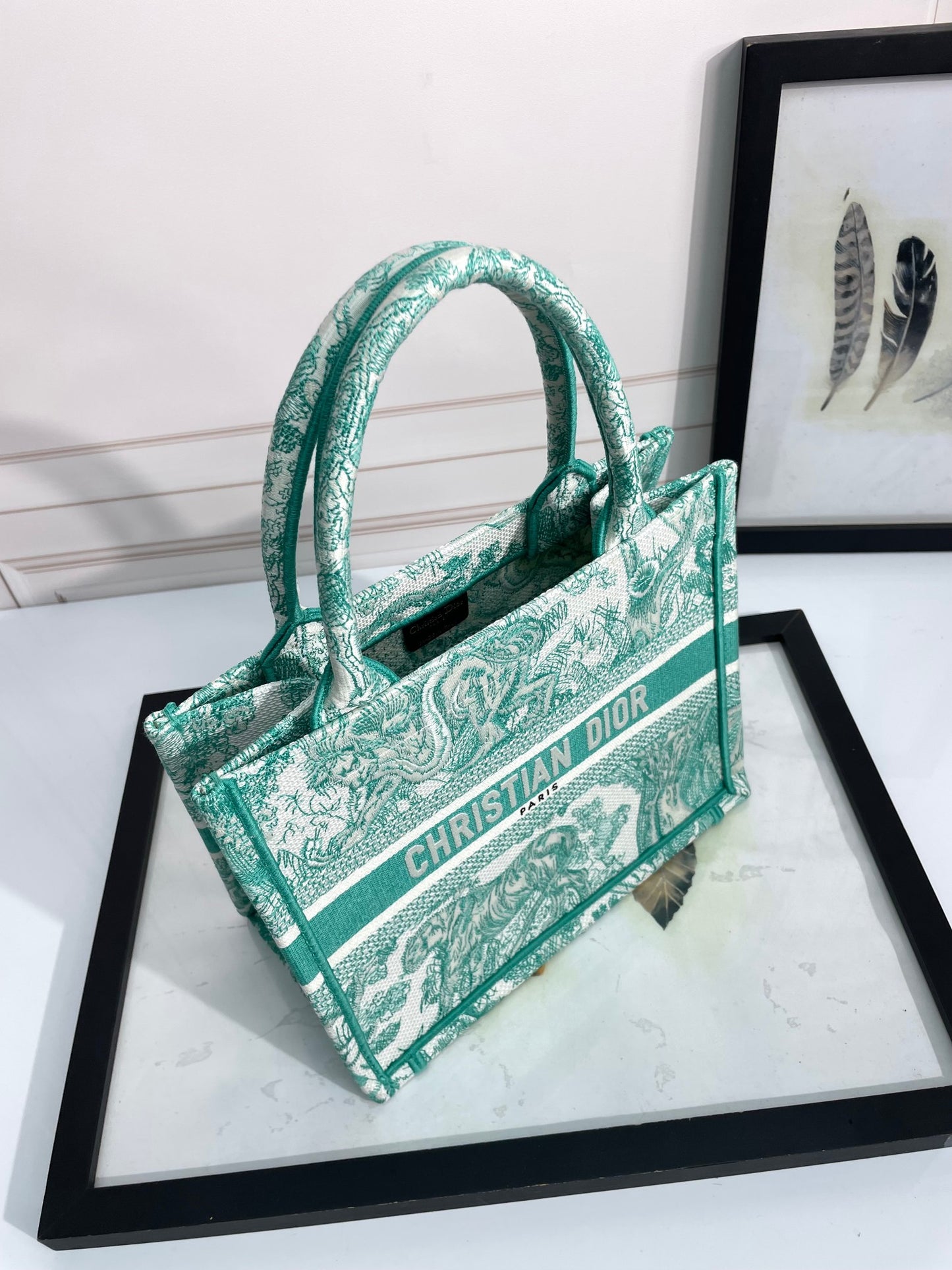 Dior Green and White Embroidered Canvas Tote Bag with Top Handles