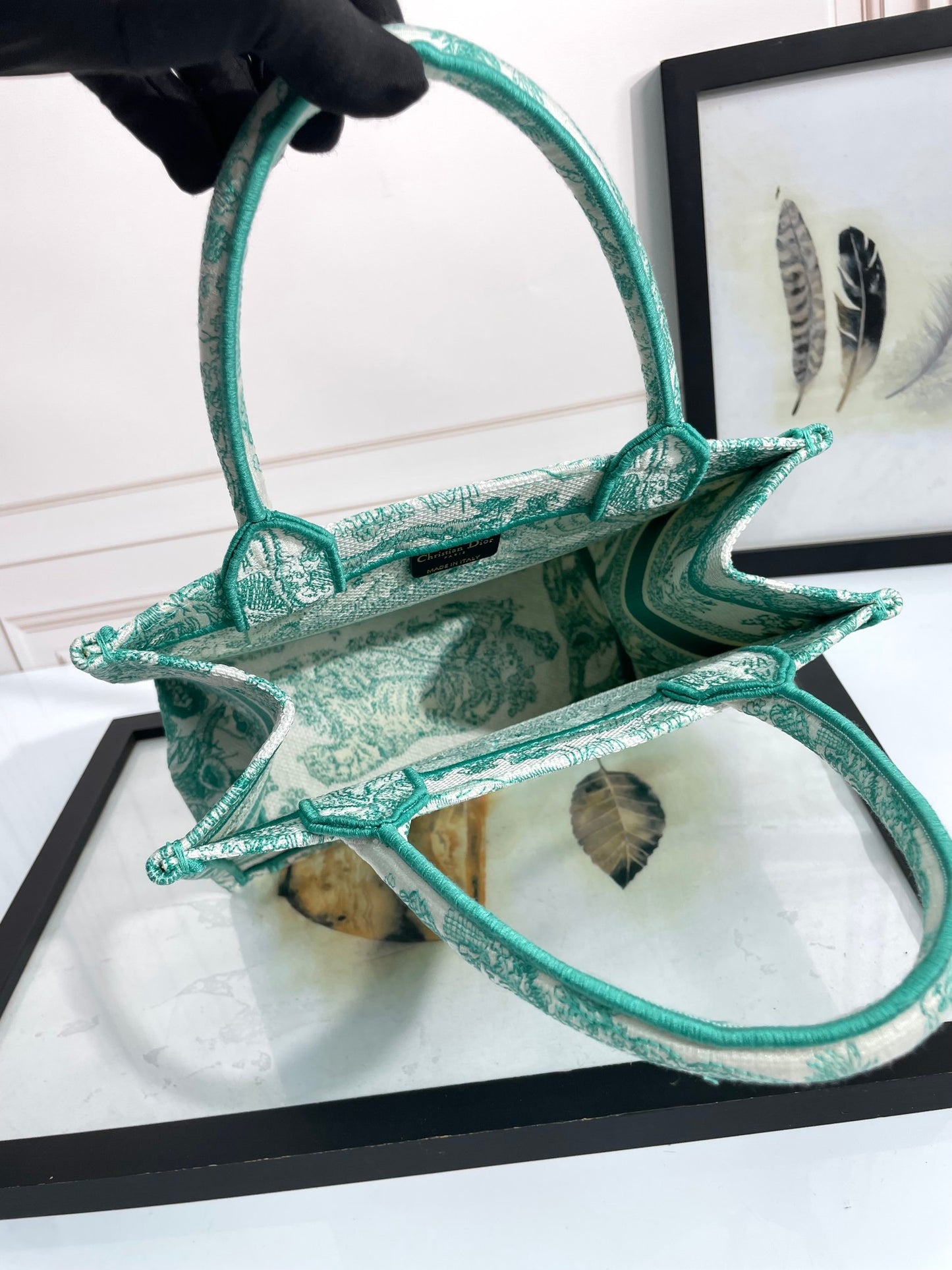 Dior Elegant Green Toile de Jouy Embroidered Canvas Tote Bag