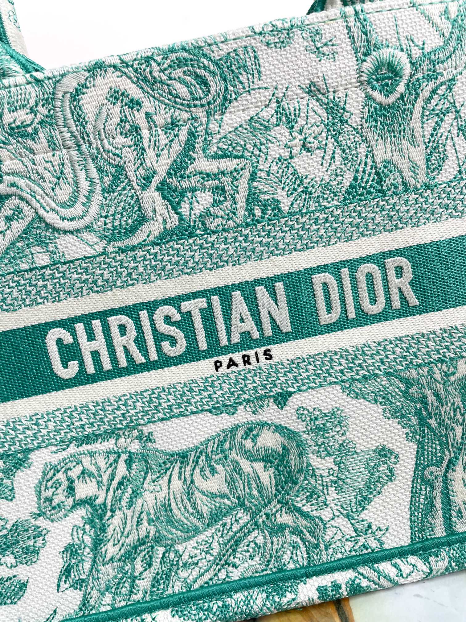 Dior Green and White Embroidered Canvas Tote Bag with Top Handles