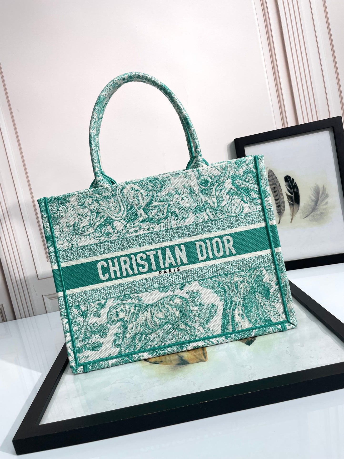 Dior Green Toile de Jouy Embroidered Canvas Top Handle Tote Bag