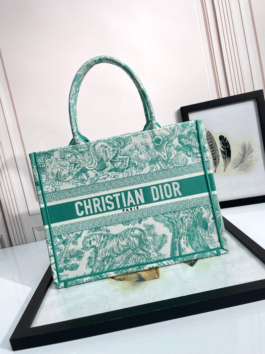 Dior Green Toile Embroidered Canvas Tote Bag Vintage Style Handbag