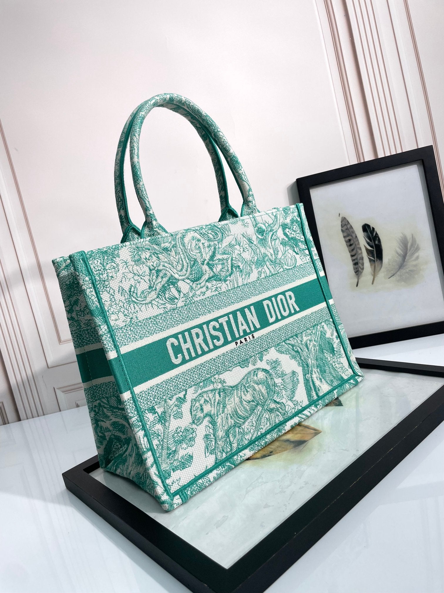 Dior Green Toile Embroidered Canvas Tote Bag Vintage Style Handbag
