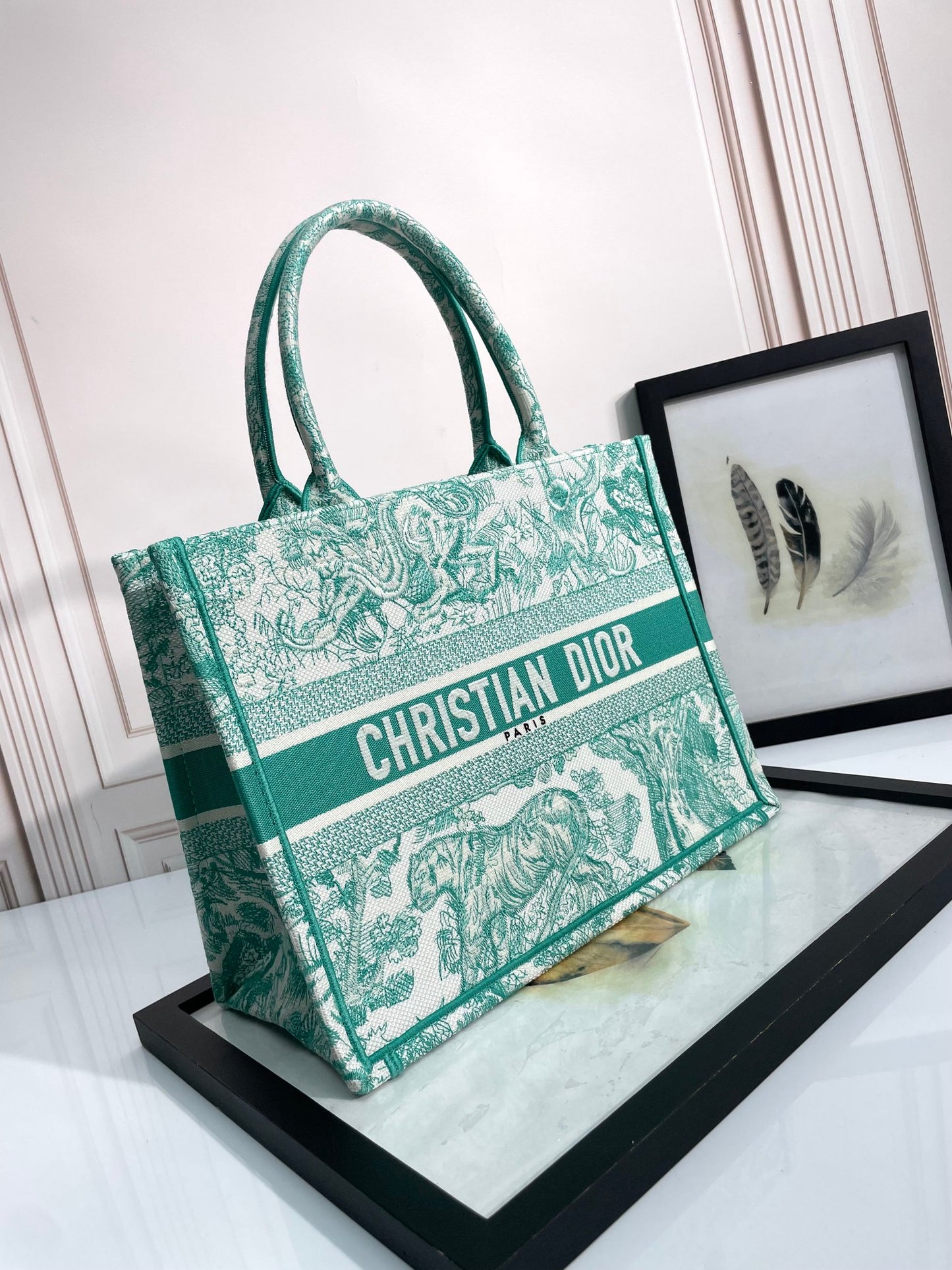 Dior Green Toile de Jouy Canvas Tote Bag Luxury Top Handle Handbag