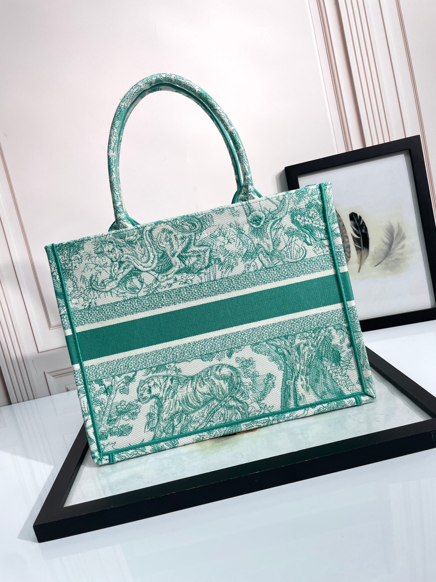 Dior Green Toile de Jouy Embroidered Canvas Tote Handbag