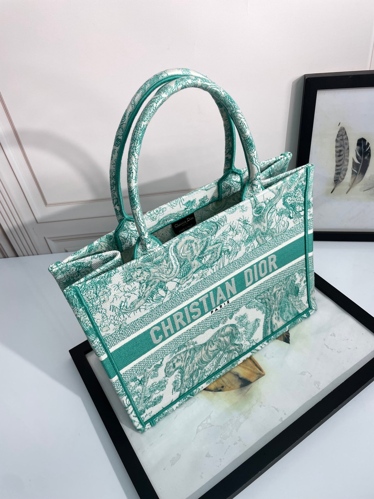 Dior Green Toile de Jouy Canvas Tote Bag Luxury Top Handle Handbag