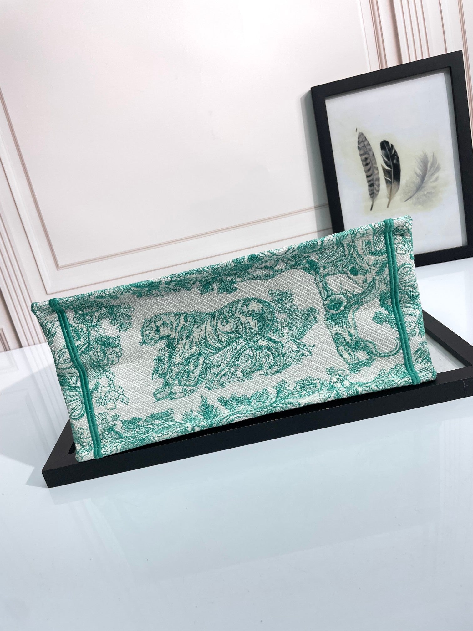 Dior Green Toile de Jouy Embroidered Canvas Tote Handbag