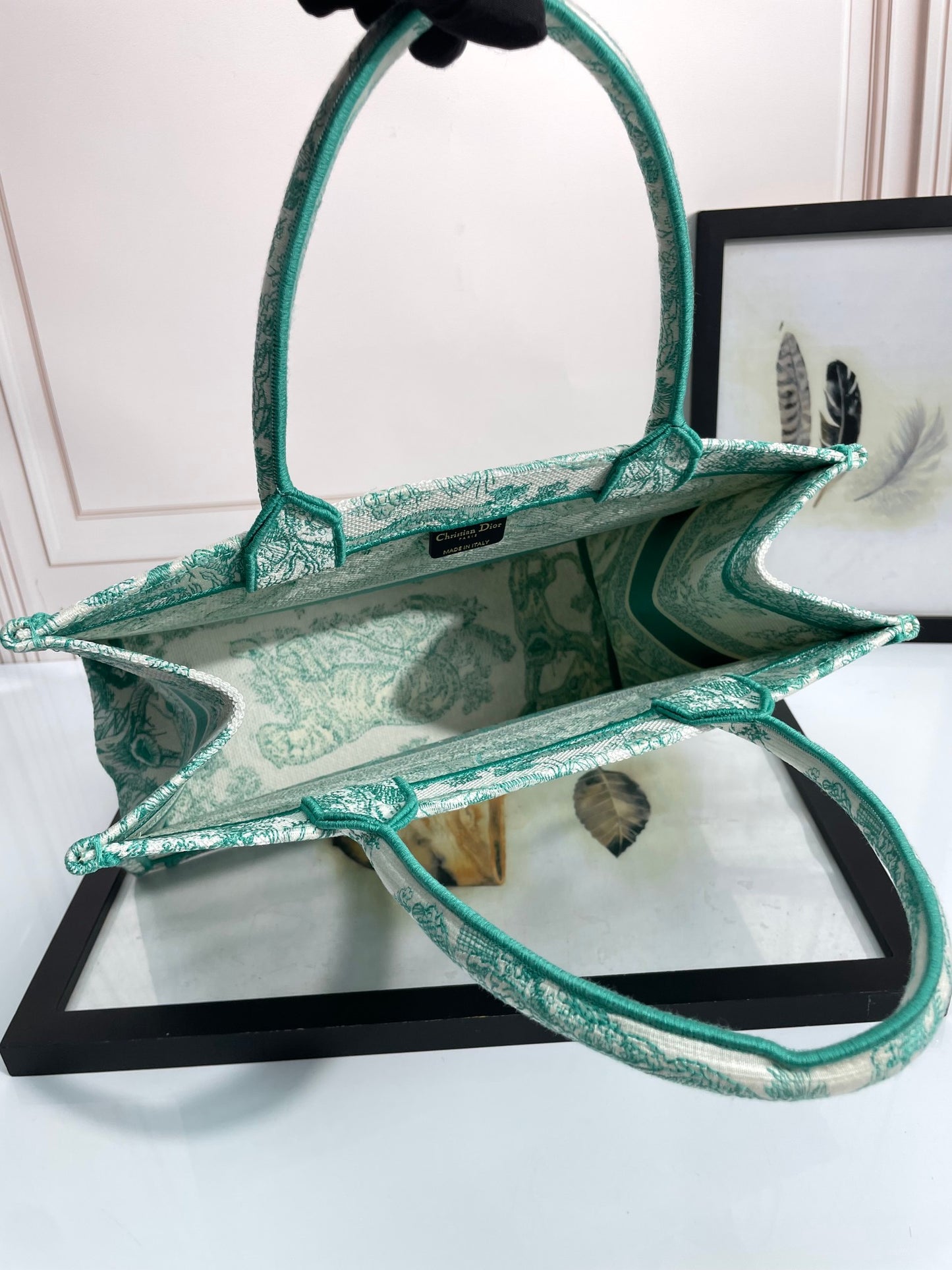 Dior Green Toile de Jouy Canvas Tote Bag Luxury Top Handle Handbag
