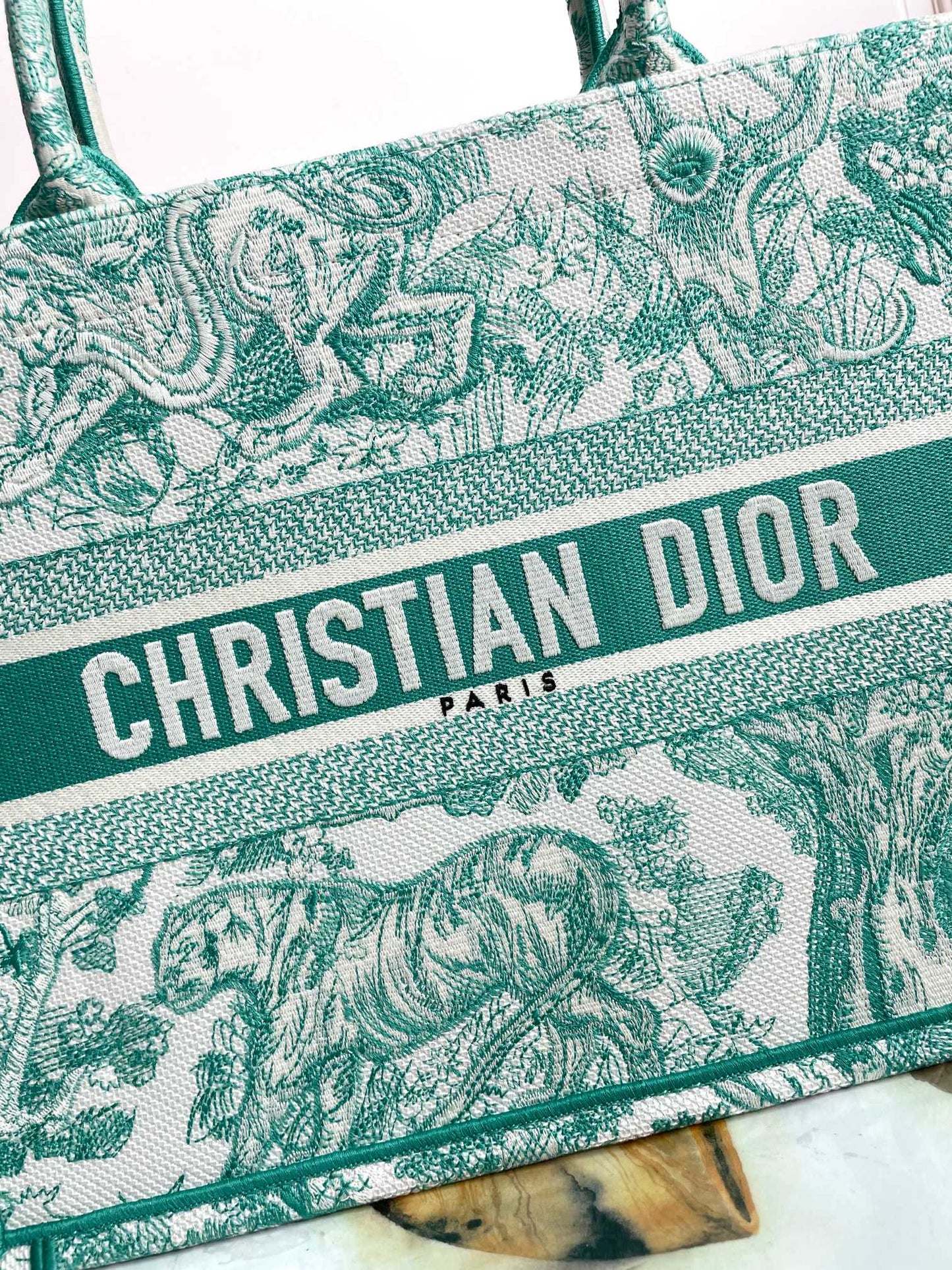 Dior Green Toile de Jouy Canvas Tote Bag Luxury Top Handle Handbag