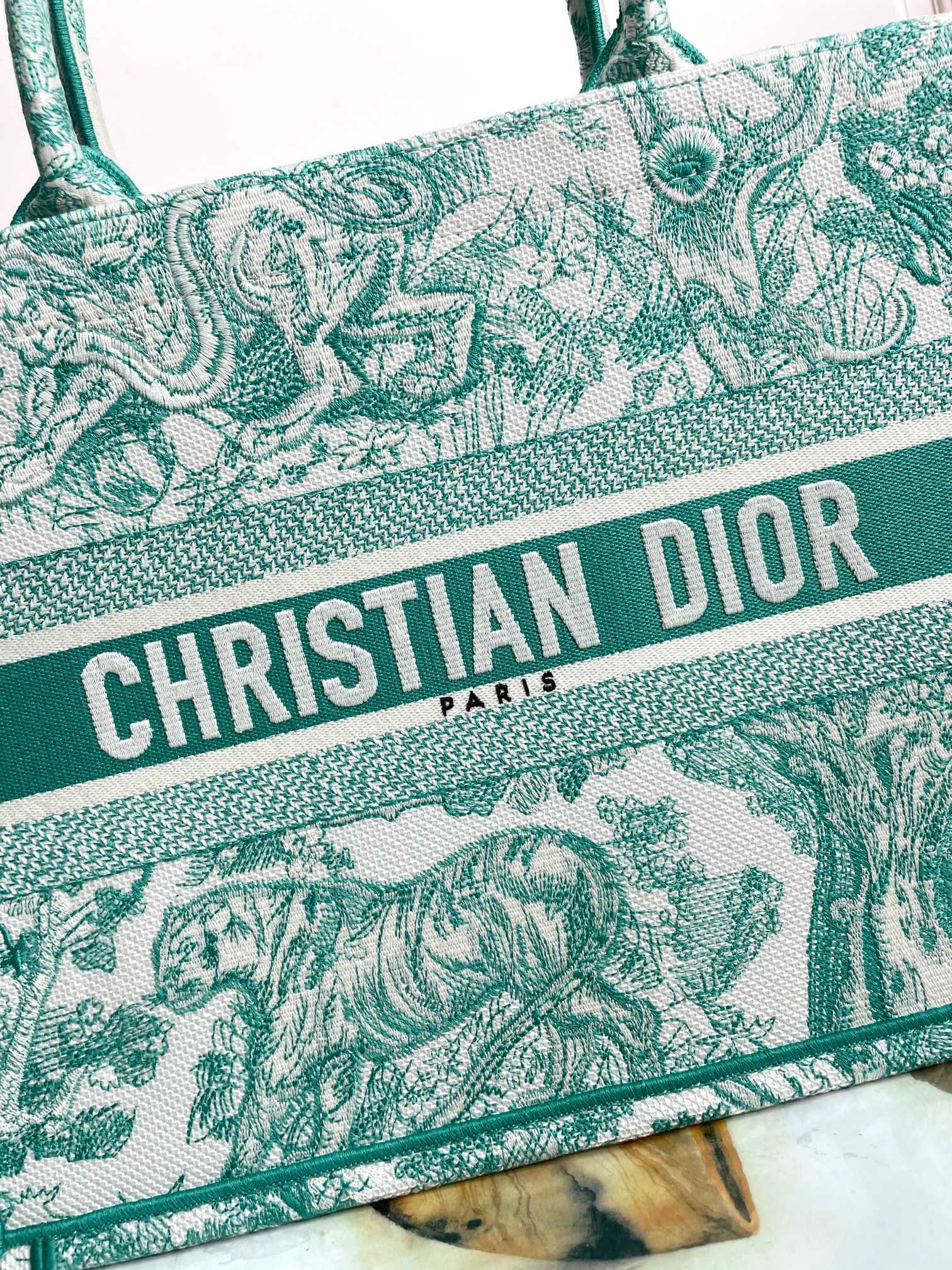 Dior Green Toile de Jouy Canvas Tote Bag Luxury Top Handle Handbag