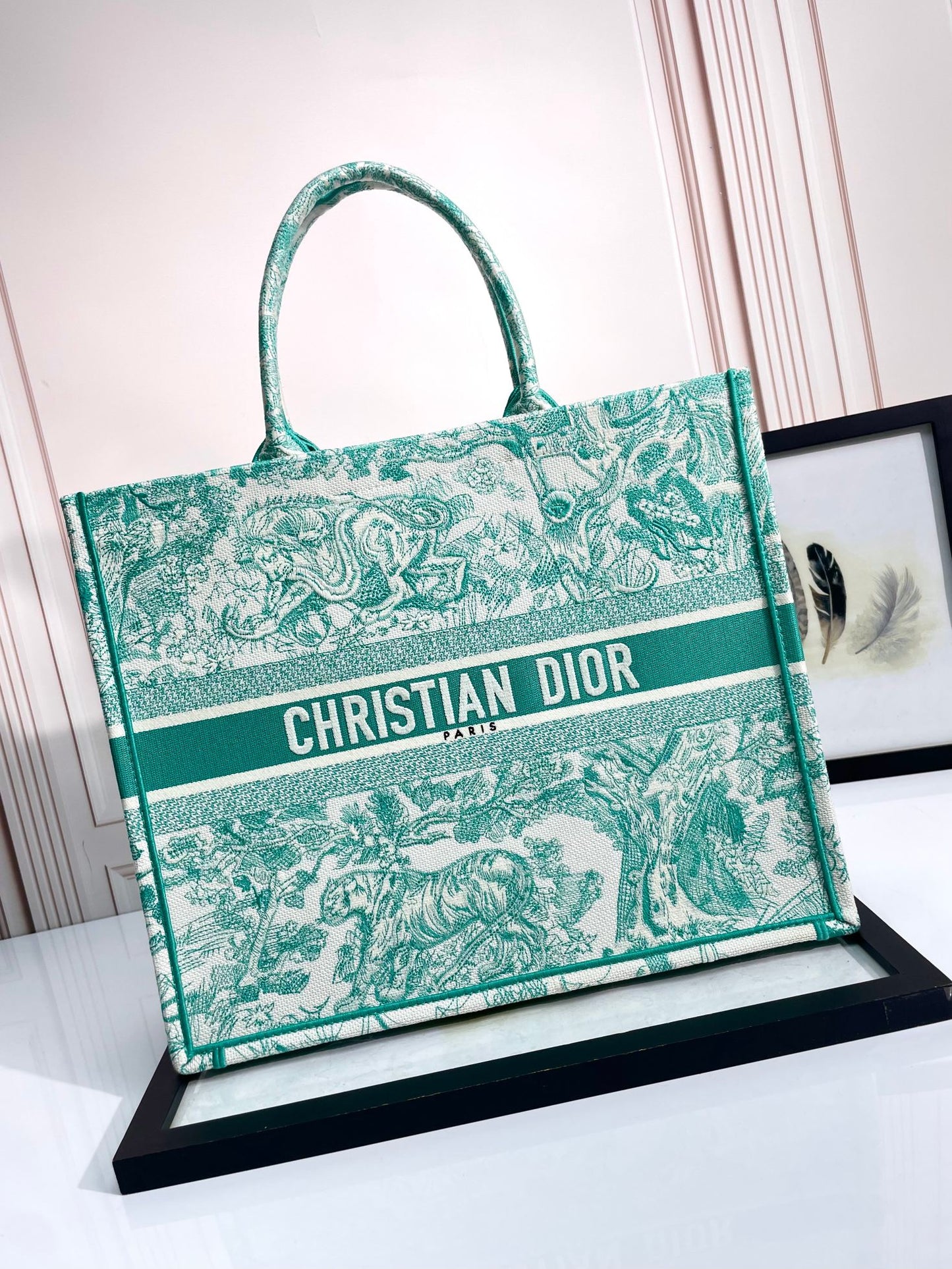 Dior Green Toile Pattern Embroidered Canvas Tote Bag with Top Handles