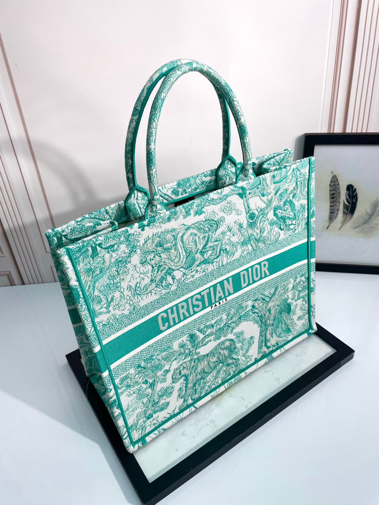 Christian Dior Large Book Tote Green Toile de Jouy Embroidered Canvas Bag