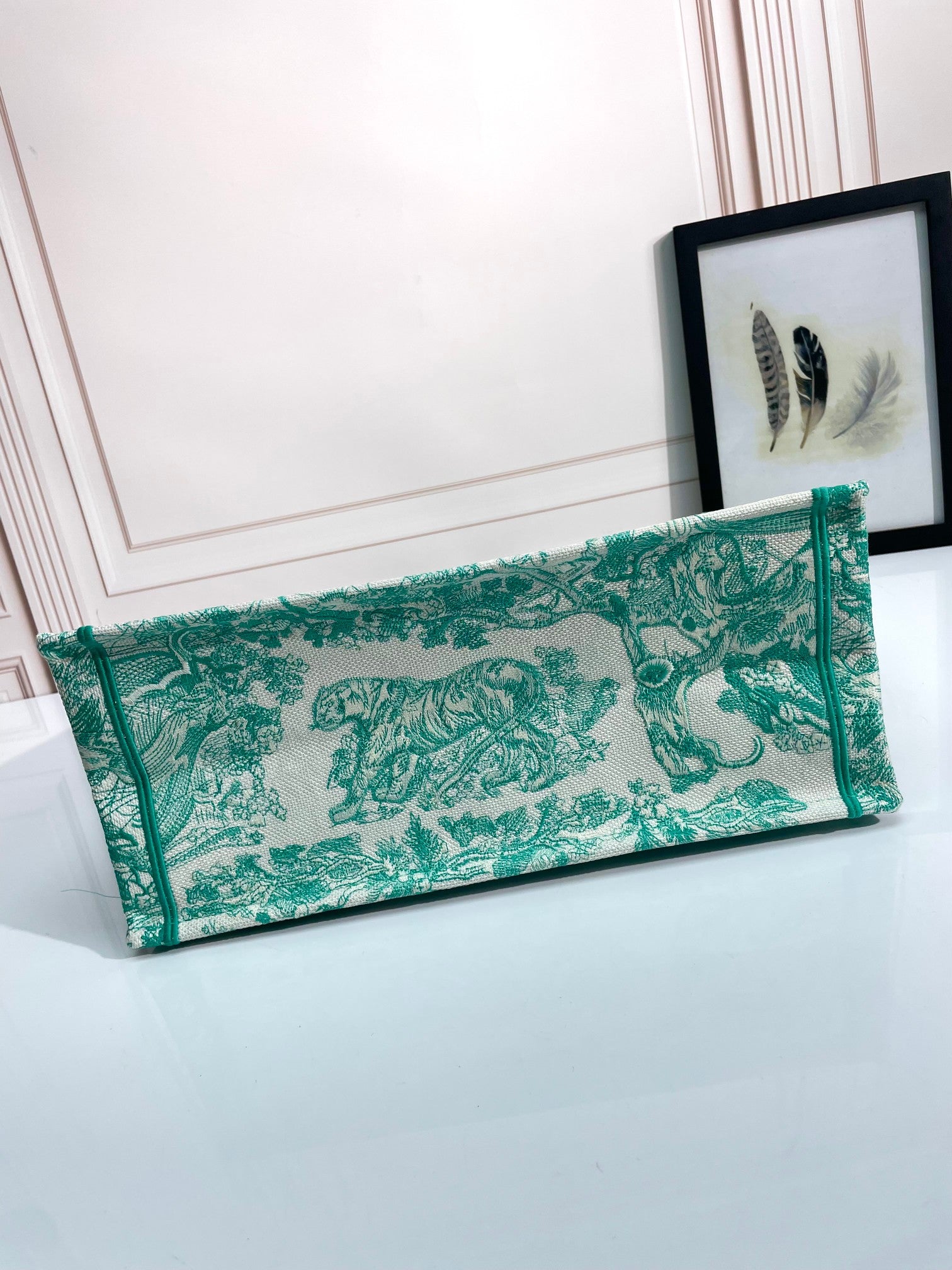 Dior Green Toile Pattern Embroidered Canvas Tote Bag with Top Handles
