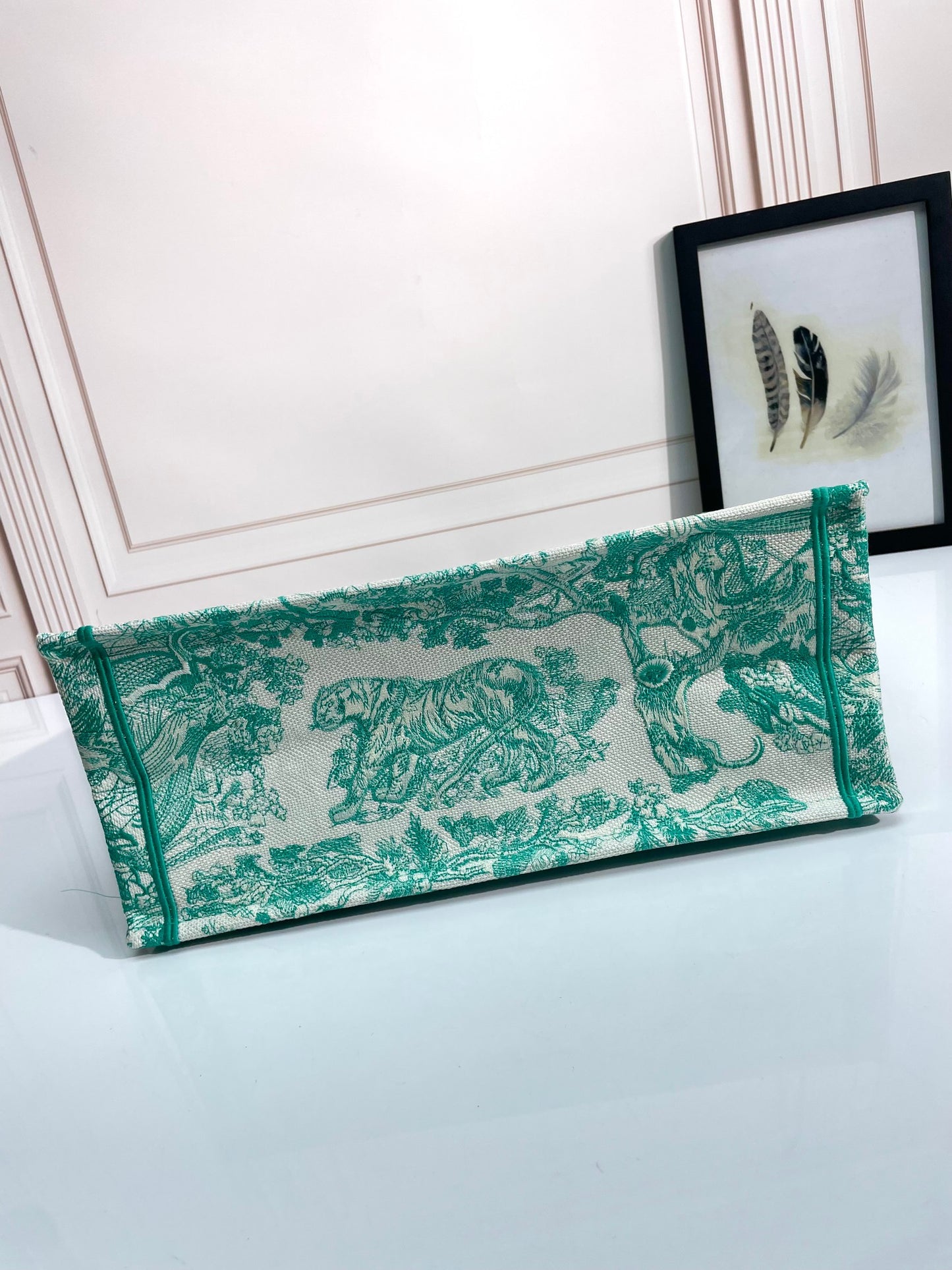 Dior Vintage Green Embroidered Toile de Jouy Pattern Canvas Tote Bag